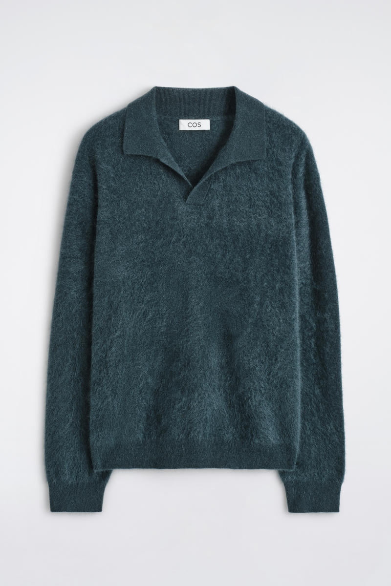 Cos Brushed-cashmere Polo Jumper In Blue