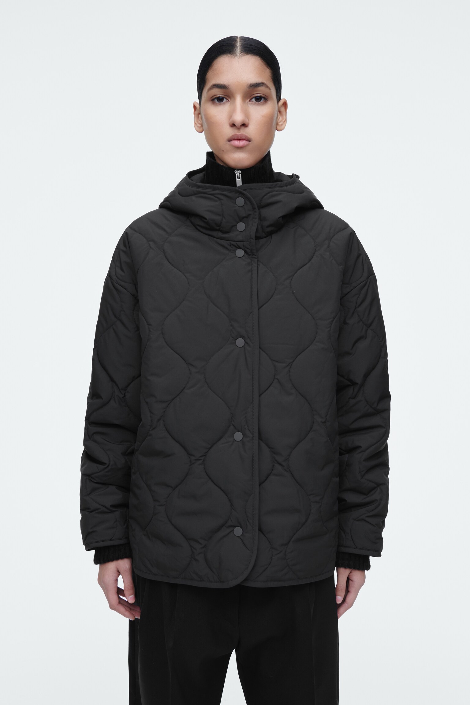 QUILTED HOODED FUNNEL-NECK JACKET - BLACK - 8