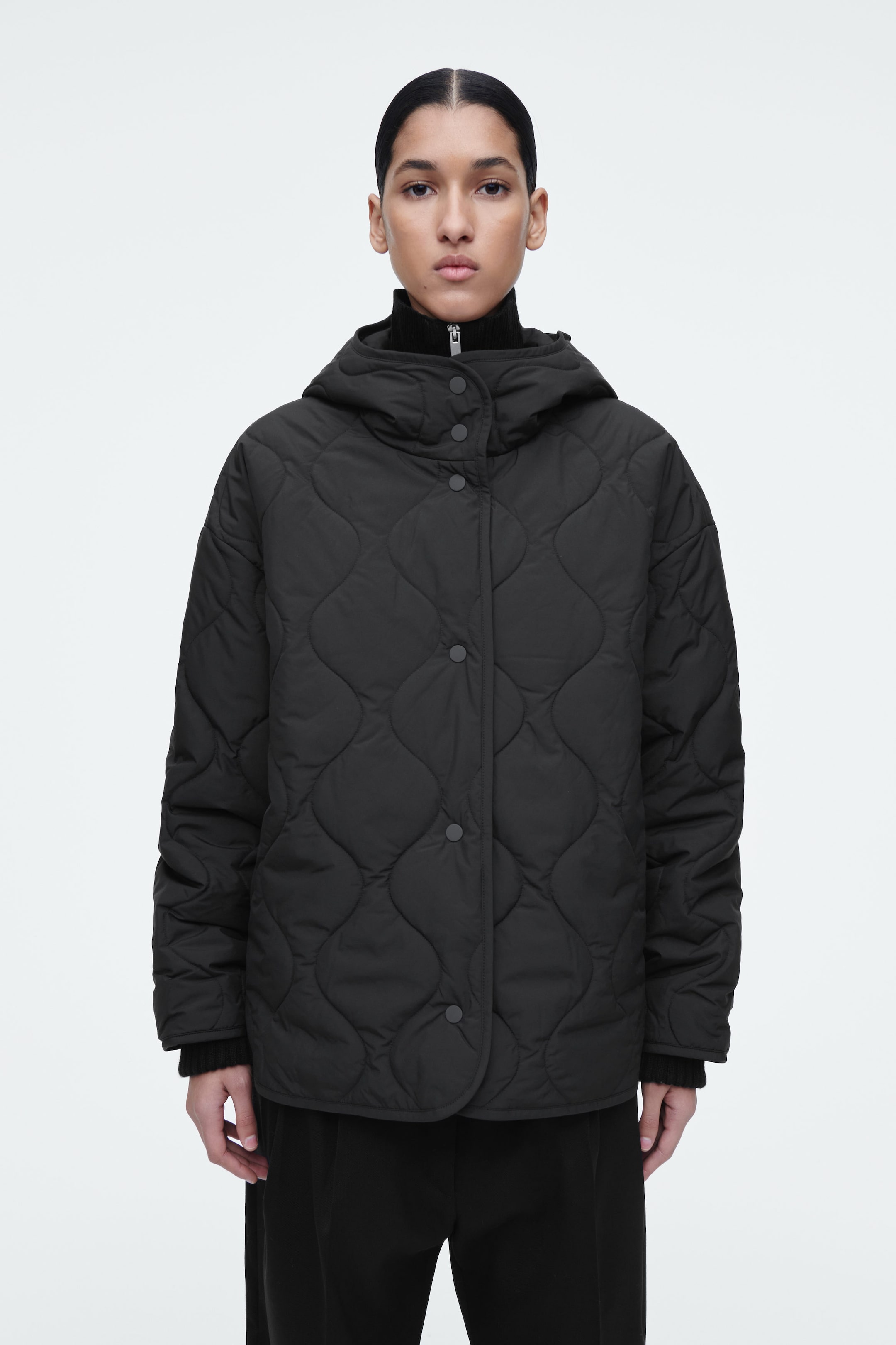QUILTED HOODED FUNNEL-NECK JACKET