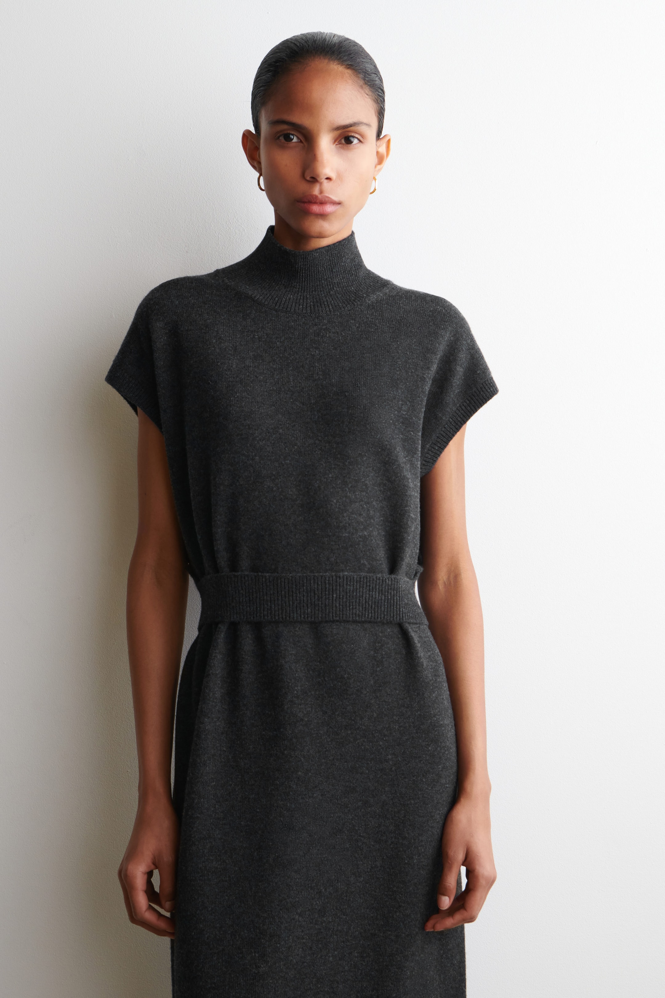 BELT-DETAIL MERINO WOOL FUNNEL-NECK DRESS