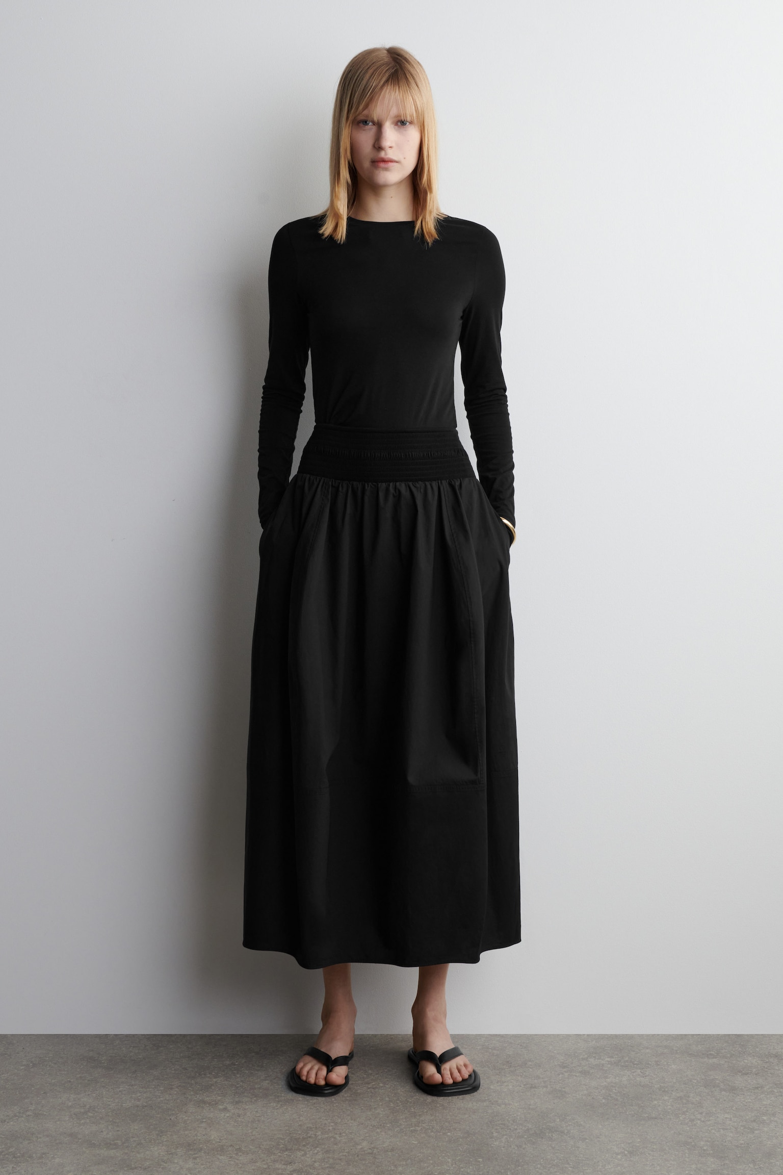 Slim-Fit Long-Sleeve Solid Black Top