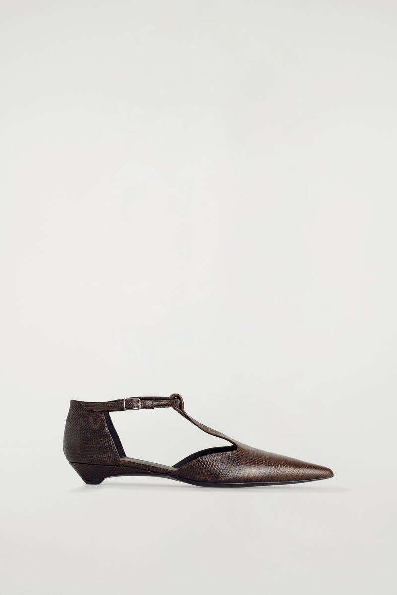 Lizard-Effect Leather T-Bar Wedge Heels