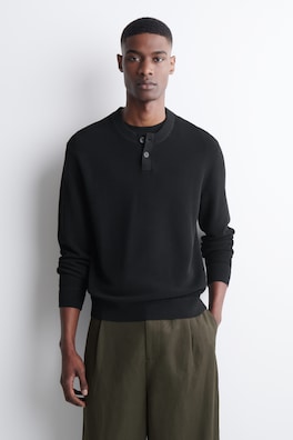 KNITTED COTTON HENLEY JUMPER — BLACK 1