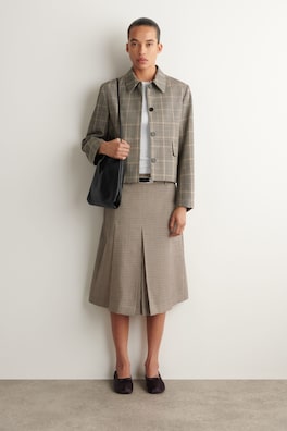 BOX-PLEAT WOOL MIDI SKIRT — BEIGE / CHECKED 2