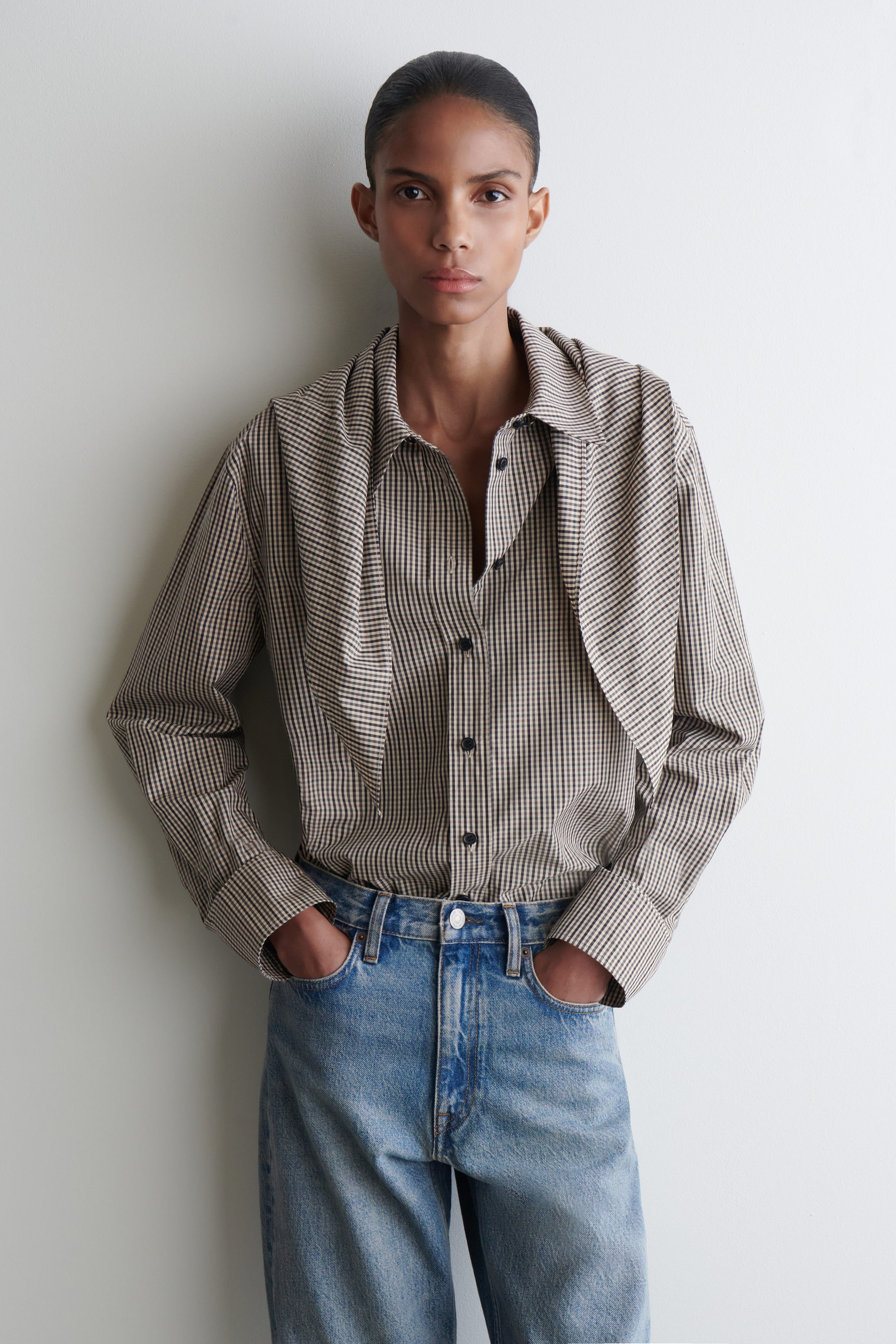 CHECKED SCARF-DETAIL SHIRT