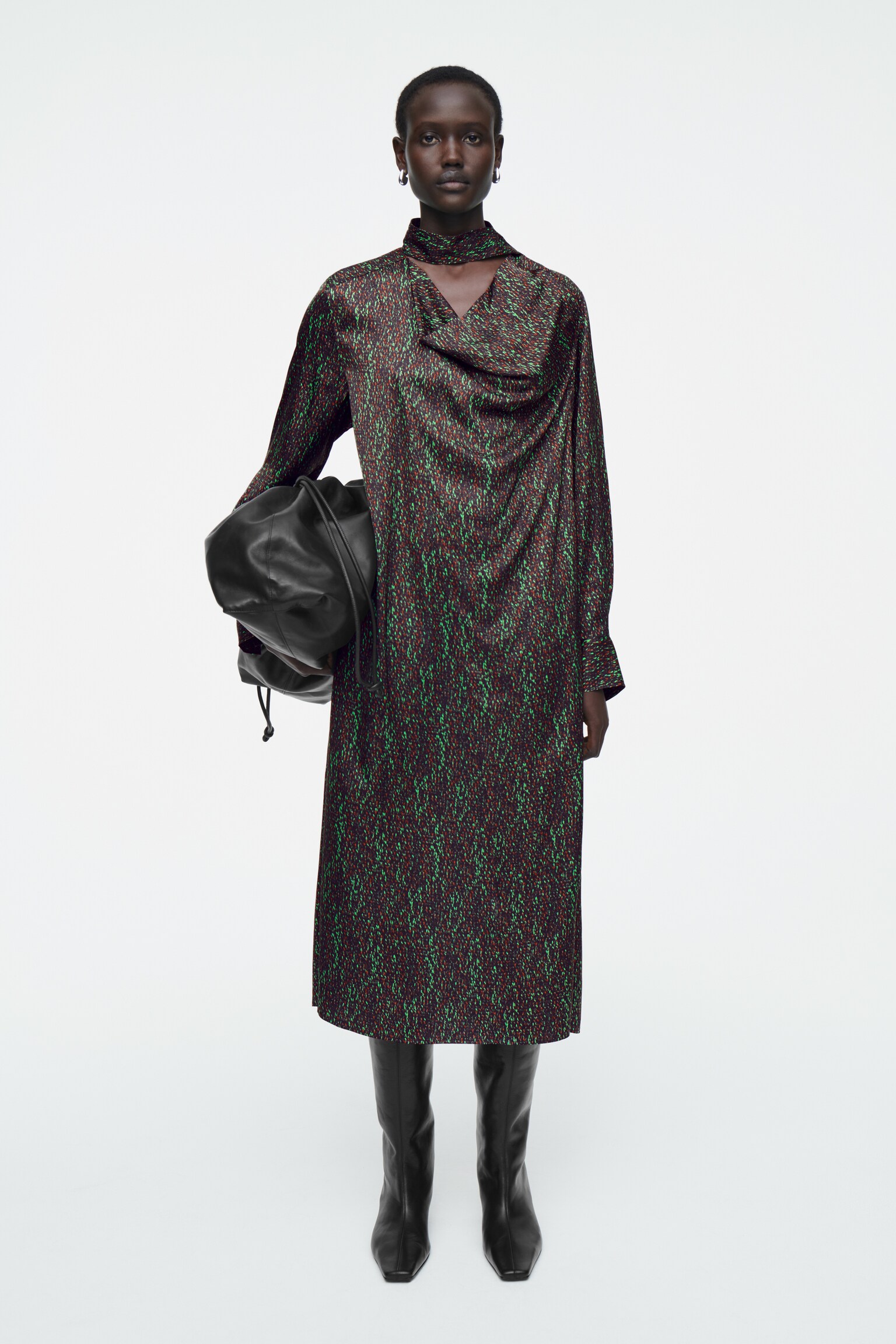 SCARF-DETAIL PRINTED MIDI DRESS - BLACK / PRINTED