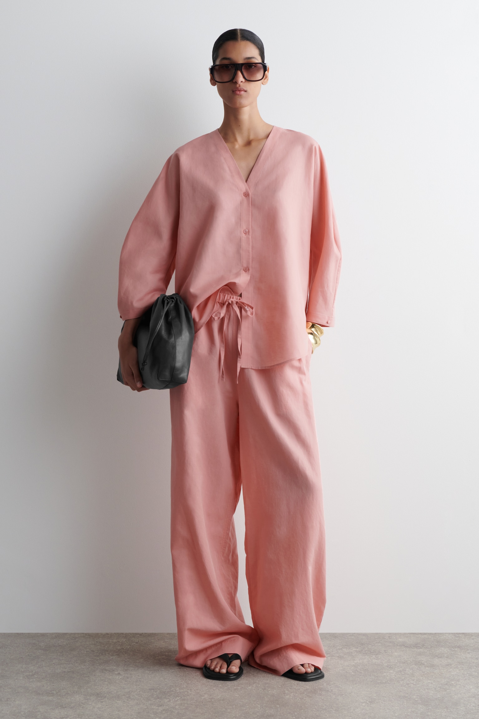 PANTALON LARGE TAILLE AJUSTABLE EN LIN - ROSE/BRUN FONCÉ - 8