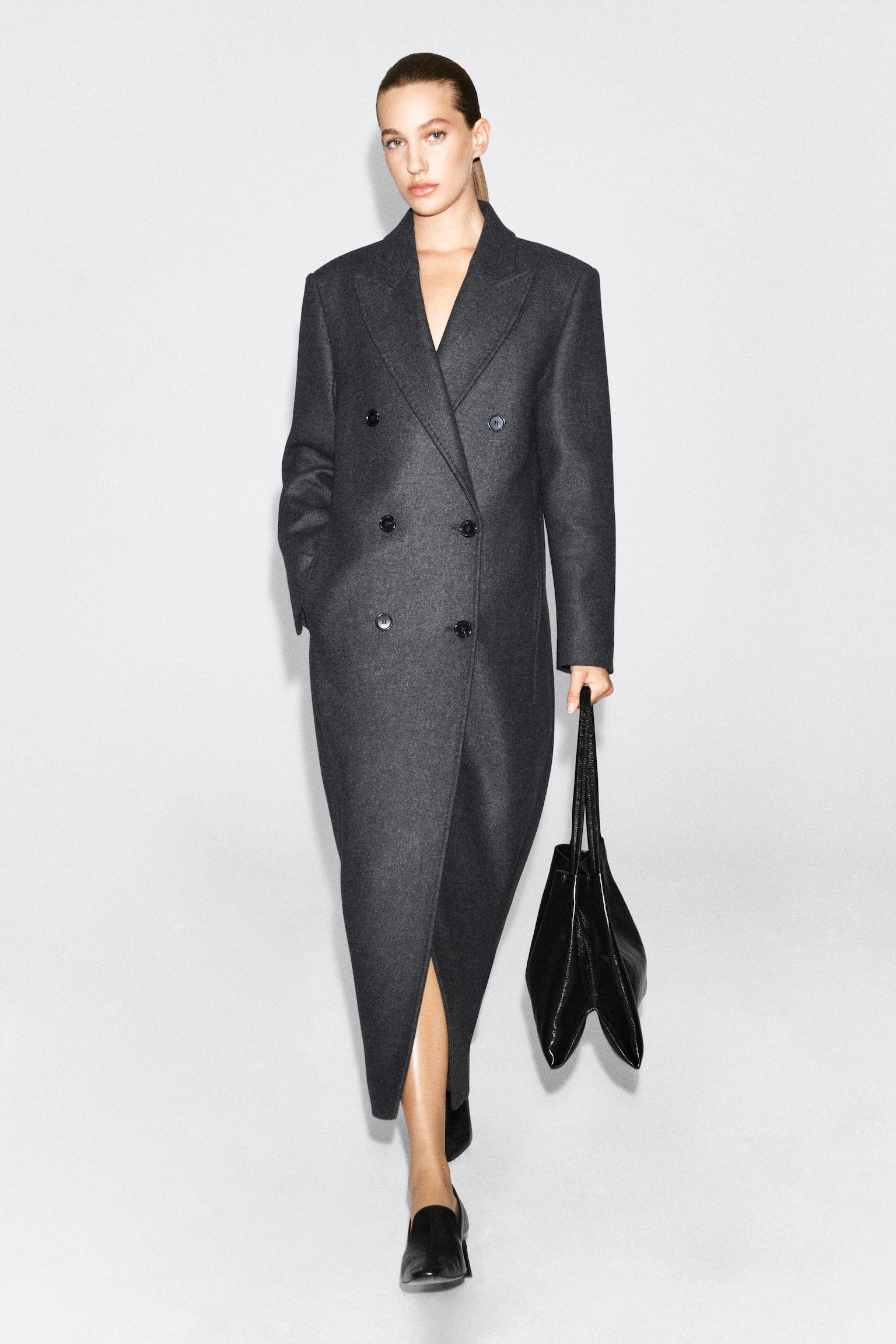 MANTEAU TAILLEUR CROISÉ EN LAINE MÉLANGÉE - GRIS/NOIR - 1