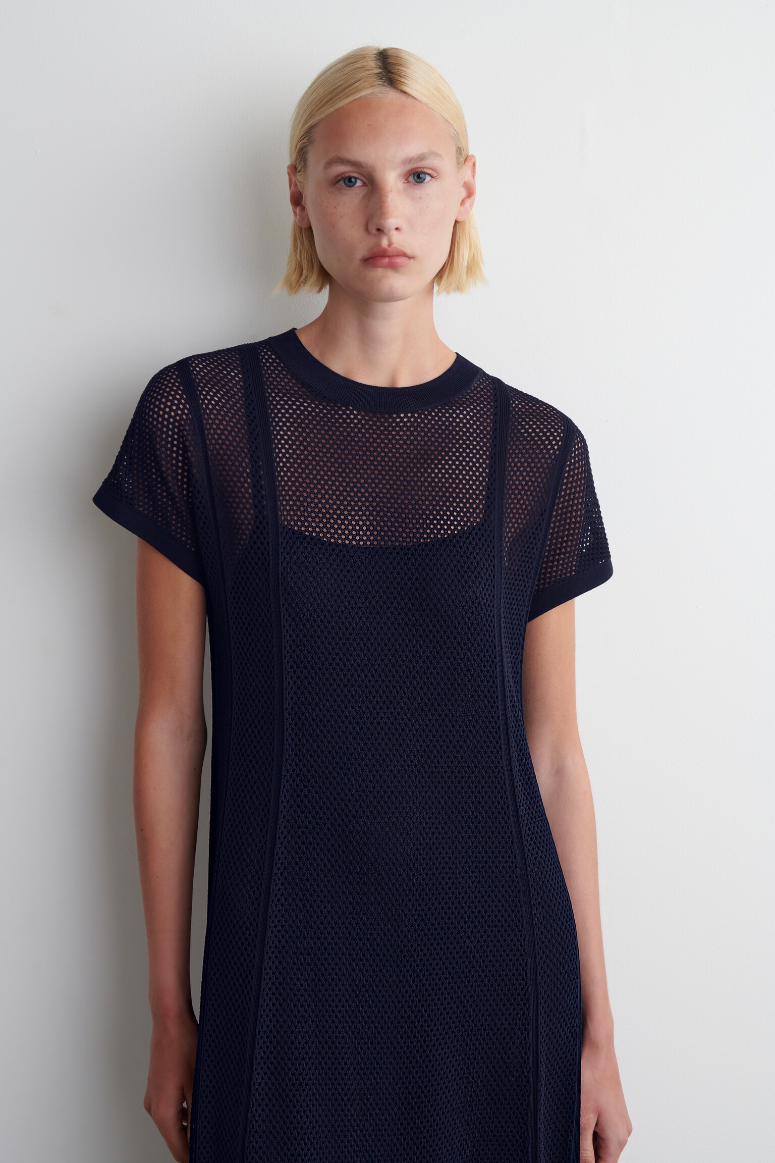 ROBE LONGUE EN MAILLE DE COTON POINTELLE - BLEU MARINE - 5
