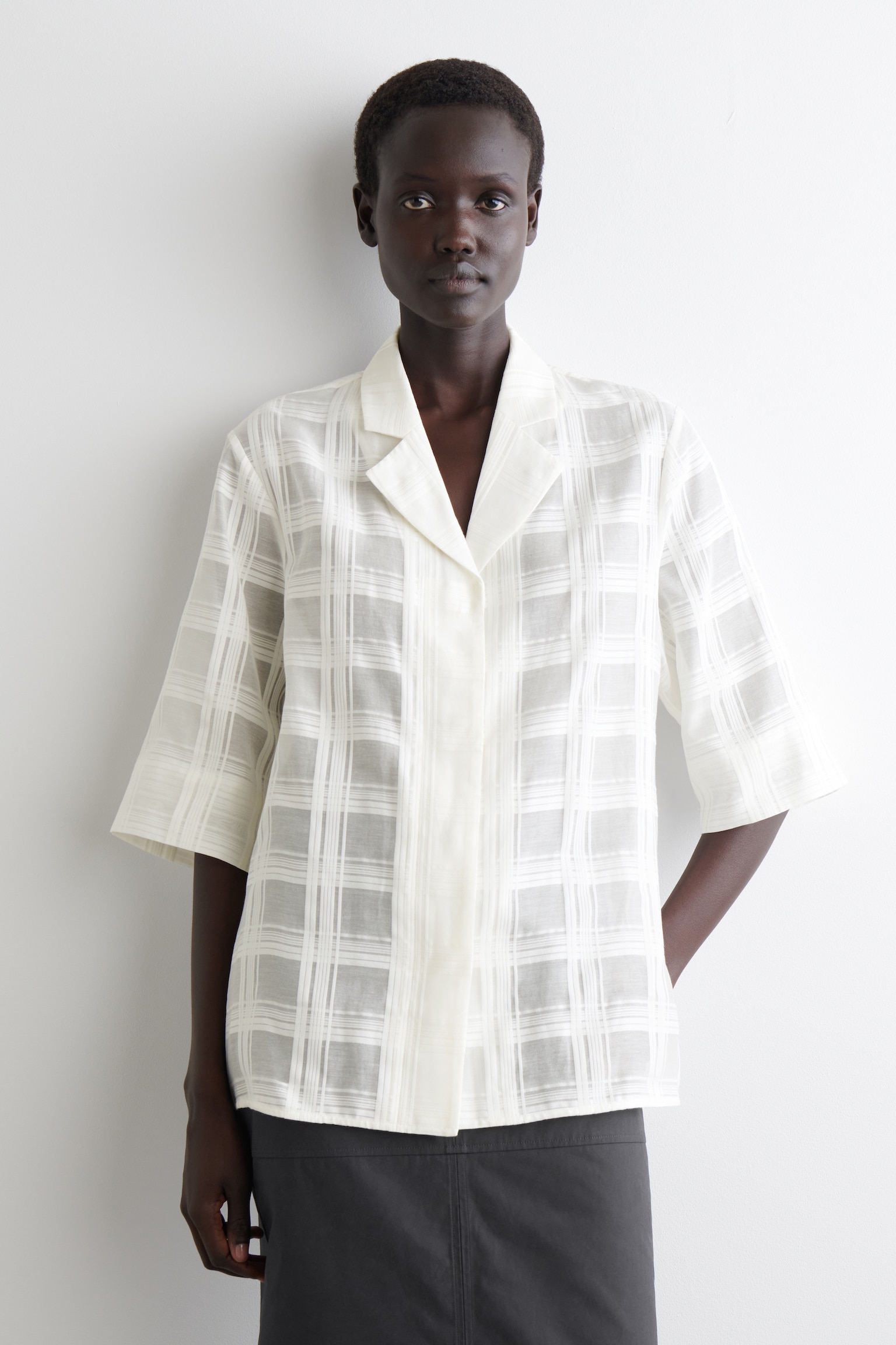 CAMICIA RESORT TRASPARENTE A QUADRI - BIANCO/MARRONE SCURO