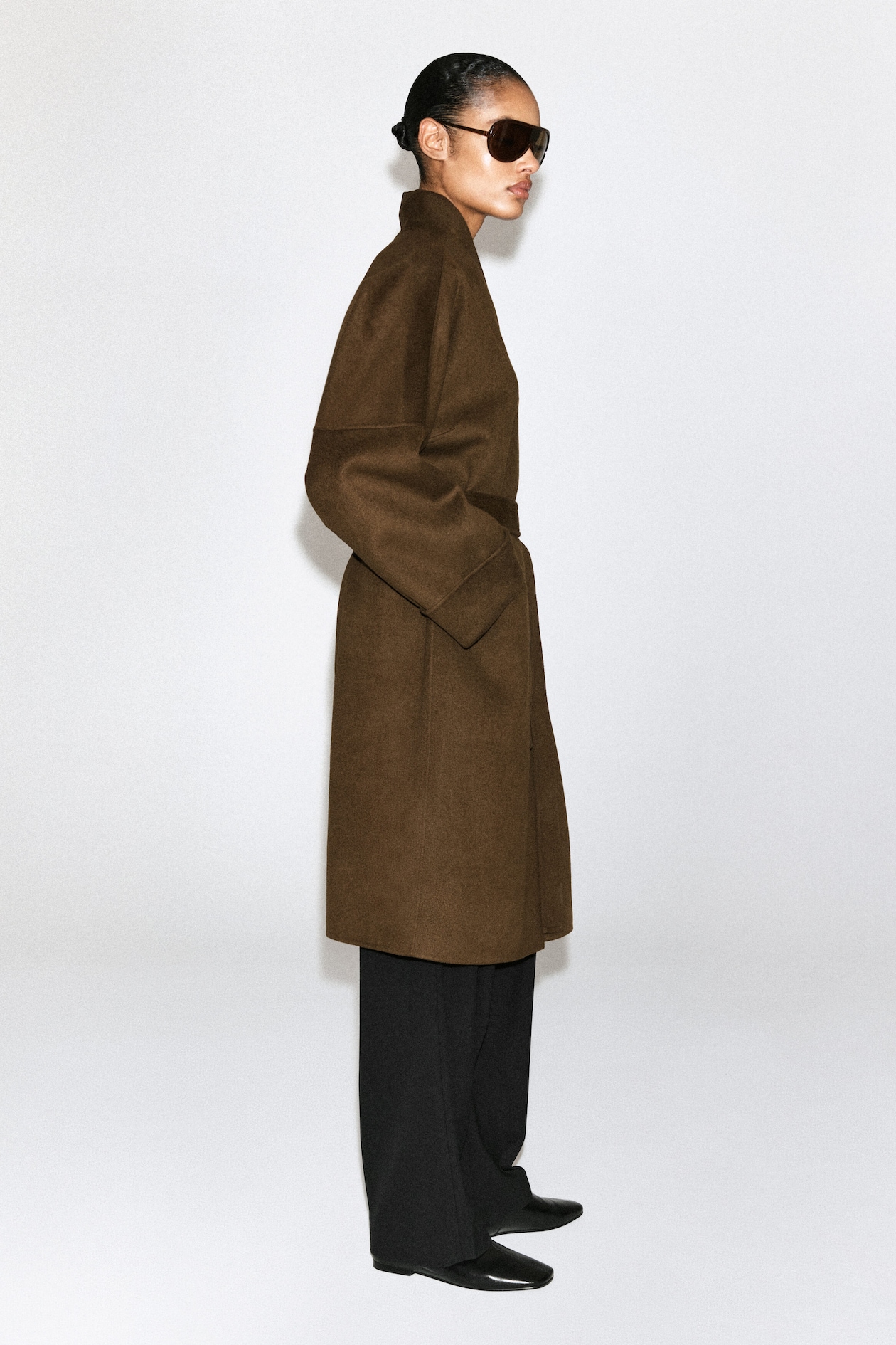 OVERSIZED DOUBLE-FACED WOOL SHAWL COAT — BROWN