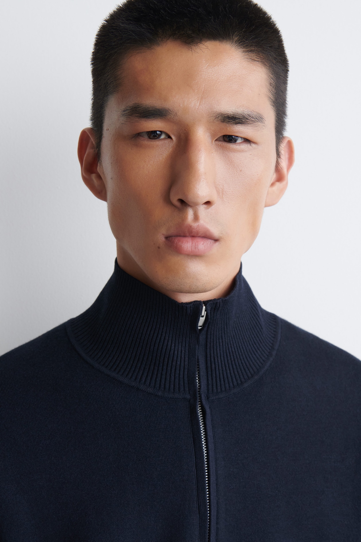 DOUBLE-FACED KNITTED HALF-ZIP JUMPER — NAVY