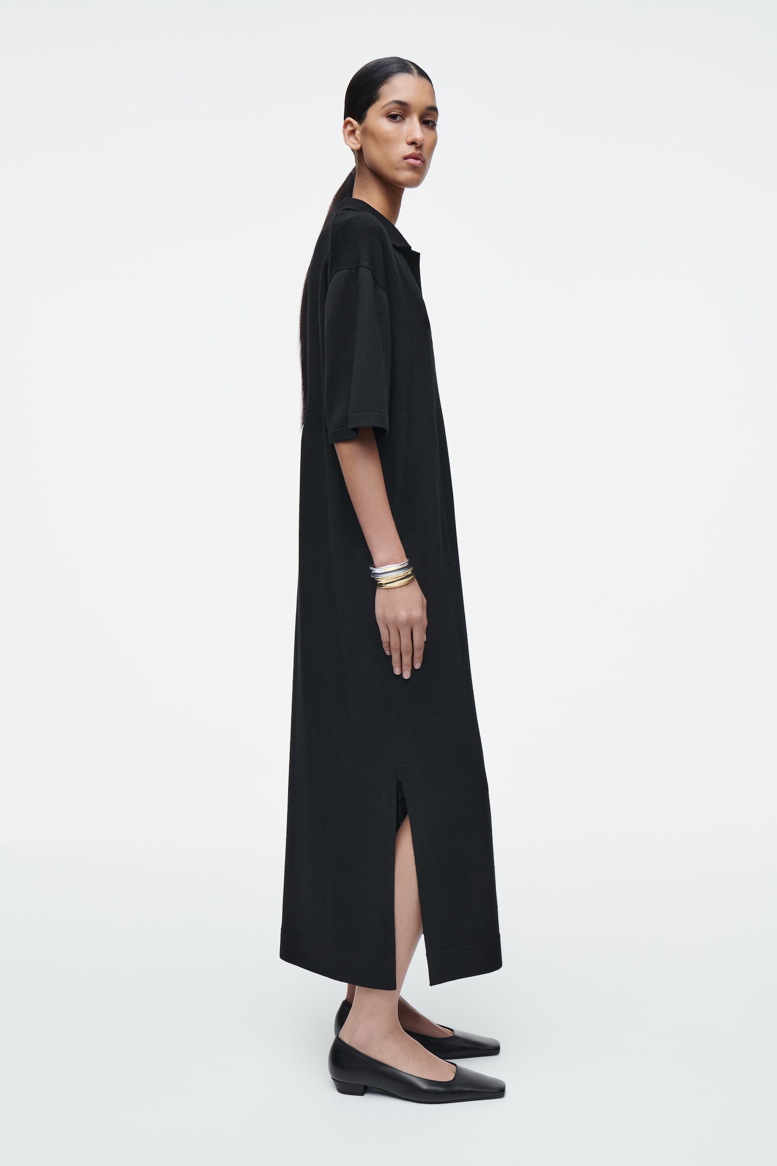 MERINO WOOL POLO DRESS - BLACK/COBALT - 4