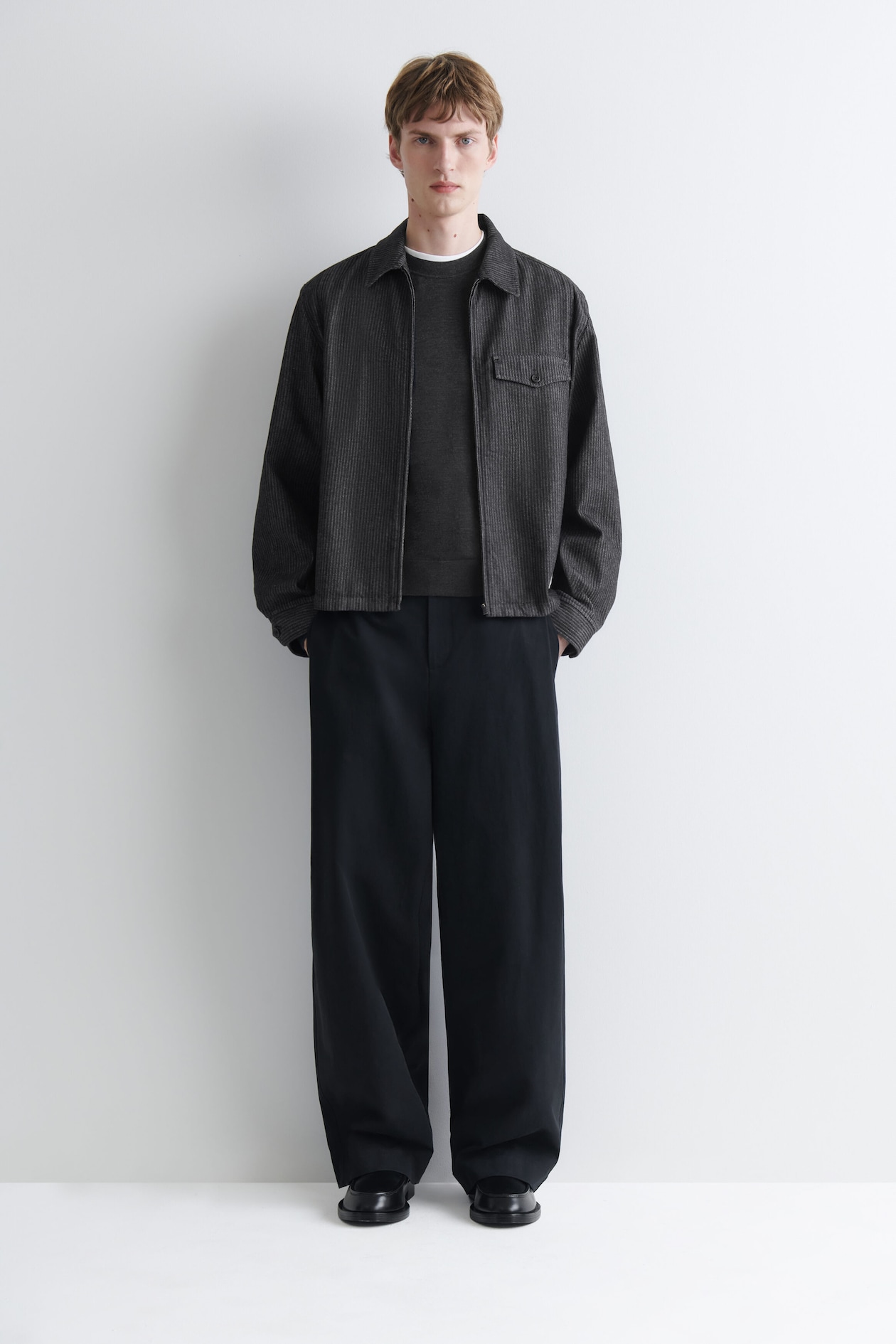 PINSTRIPED DENIM ZIP-UP OVERSHIRT — BLACK / PINSTRIPED