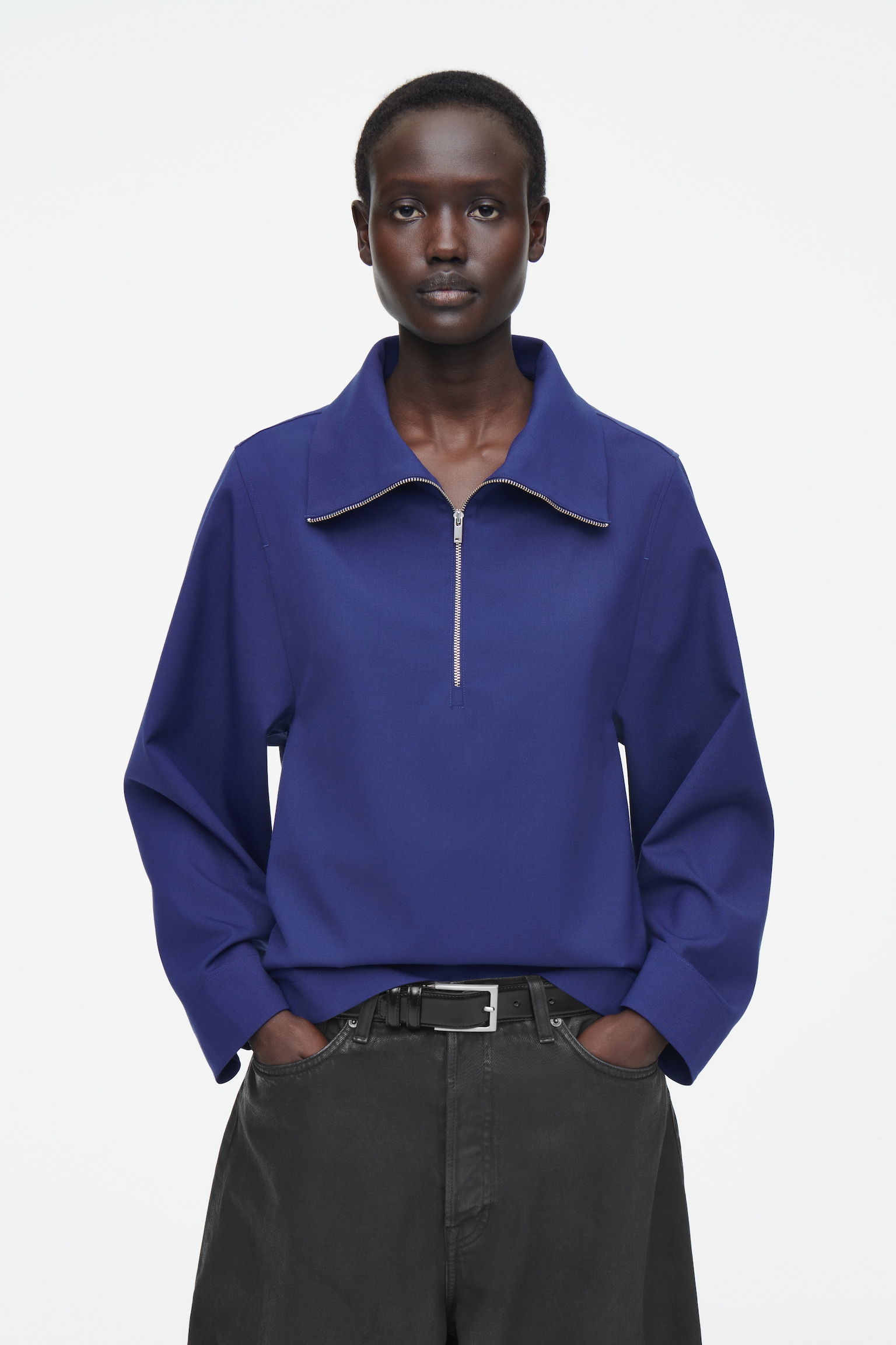 BLOUSE DEMI-ZIPPÉE EN LAINE MÉLANGÉE - BLEU