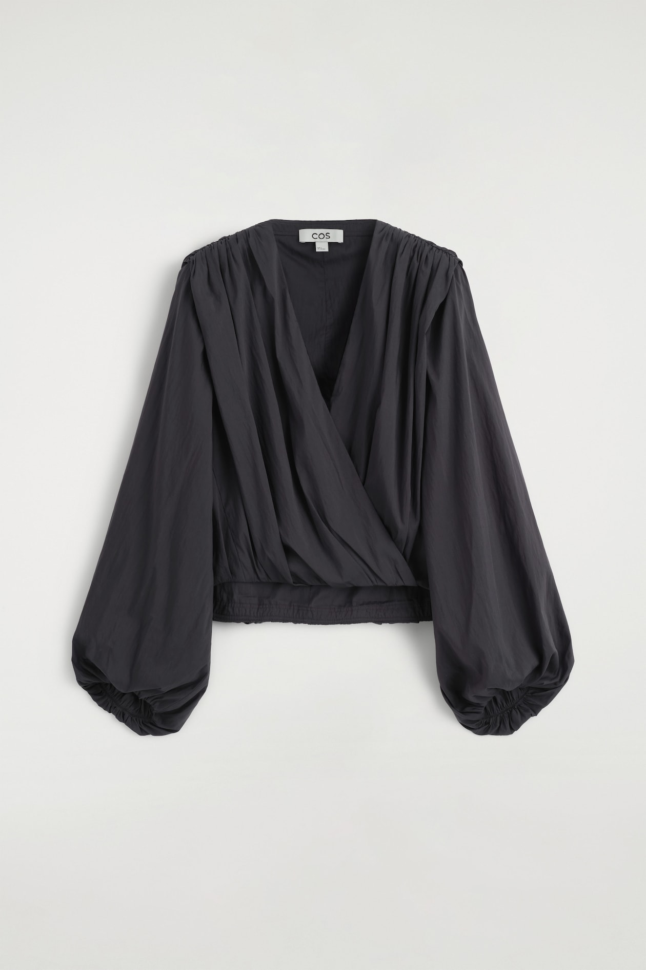 GATHERED WRAP-OVER BLOUSE — CHARCOAL