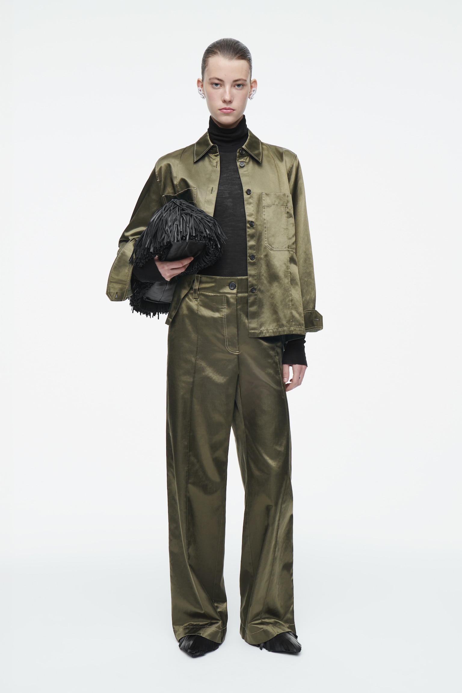 PINTUCKED SATIN UTILITY TROUSERS - KHAKI