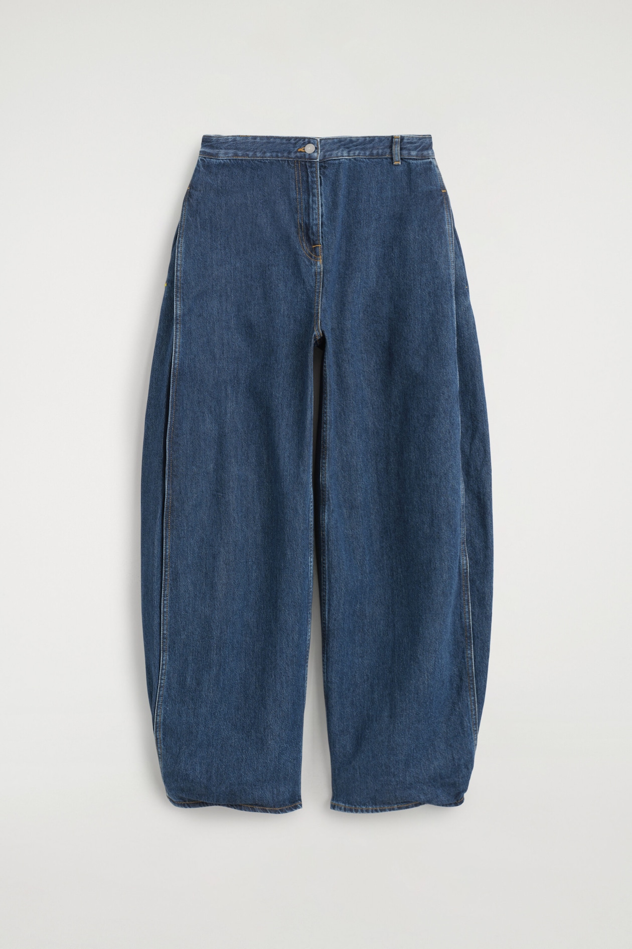 PLEATED-PANEL DENIM BARREL-LEG PANTS — BLUE