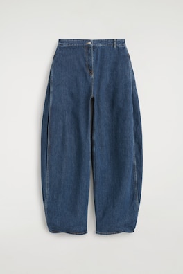 PLEATED-PANEL DENIM BARREL-LEG PANTS — BLUE 8