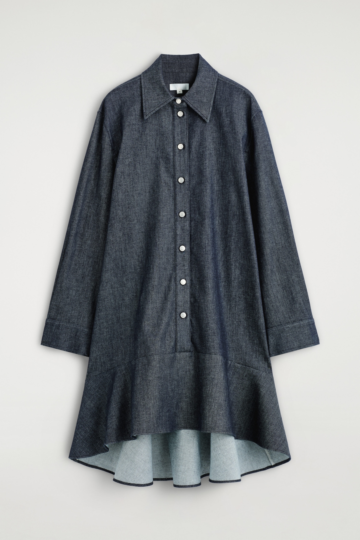 FLARED DENIM MINI SHIRT DRESS — INDIGO