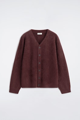 BRUSHED PURE CASHMERE V-NECK CARDIGAN — WINE RED 8