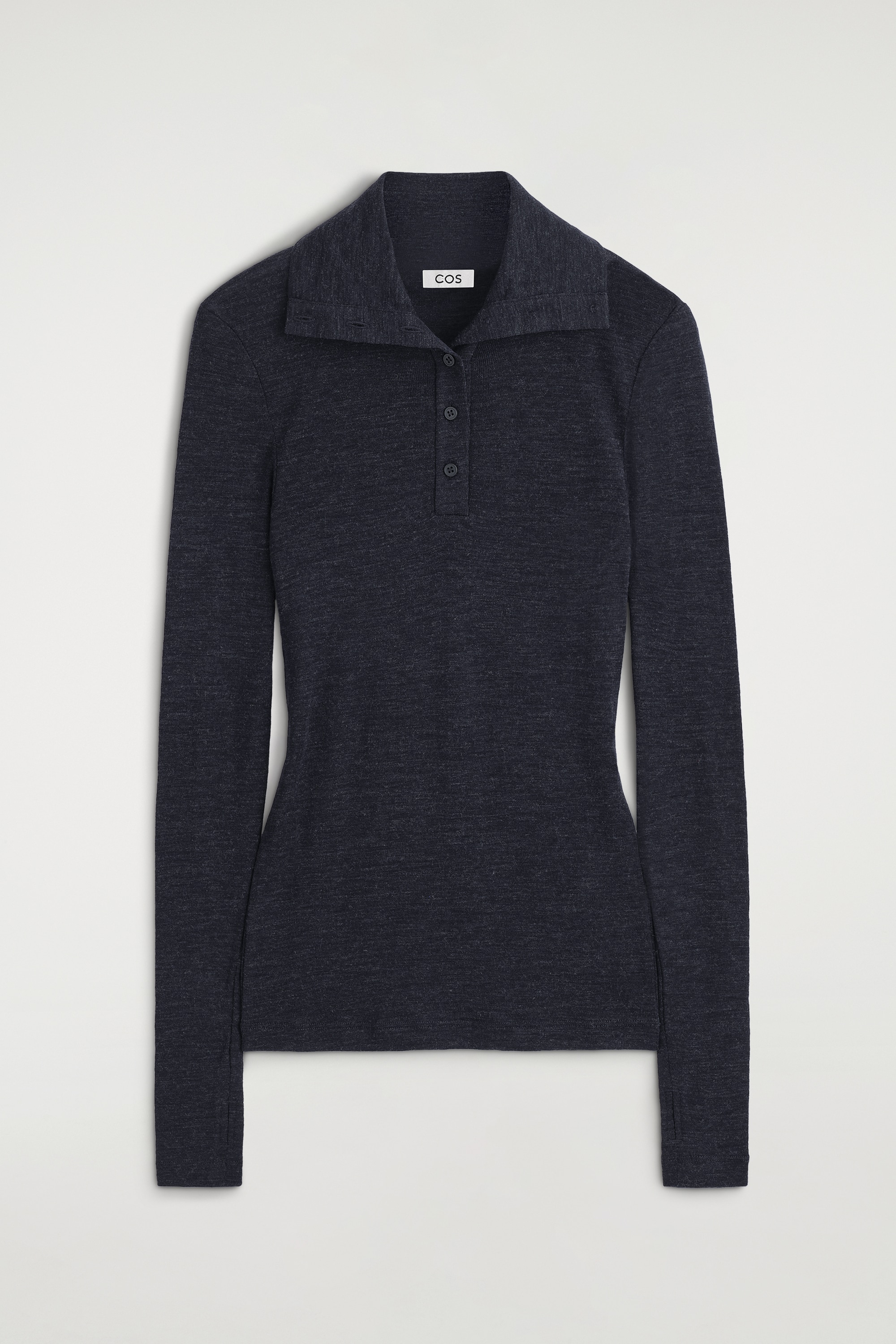 MERINO WOOL BUTTONED FUNNEL-NECK TOP - מלאנג' פחם/שנהב