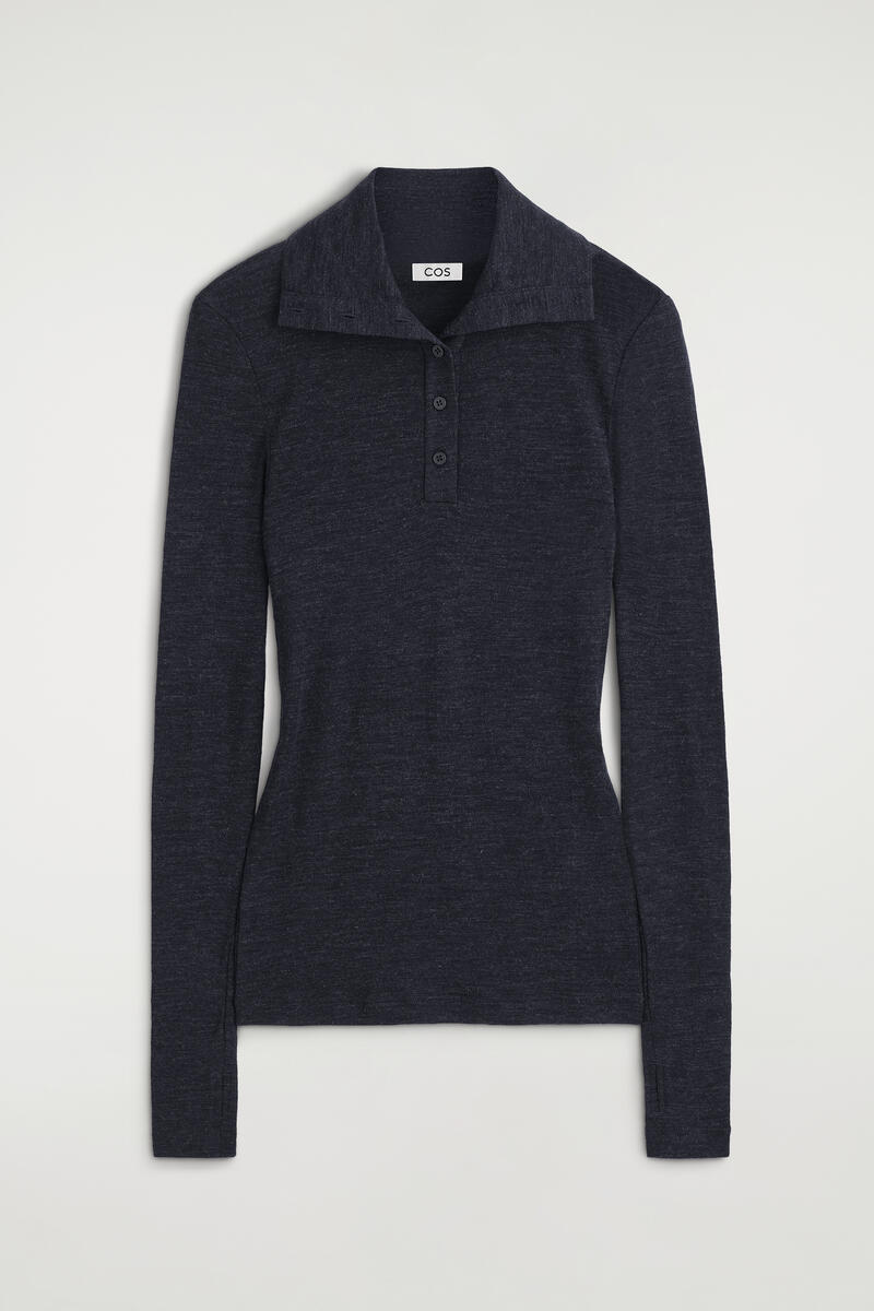 Merino Wool Buttoned Funnel-Neck Top