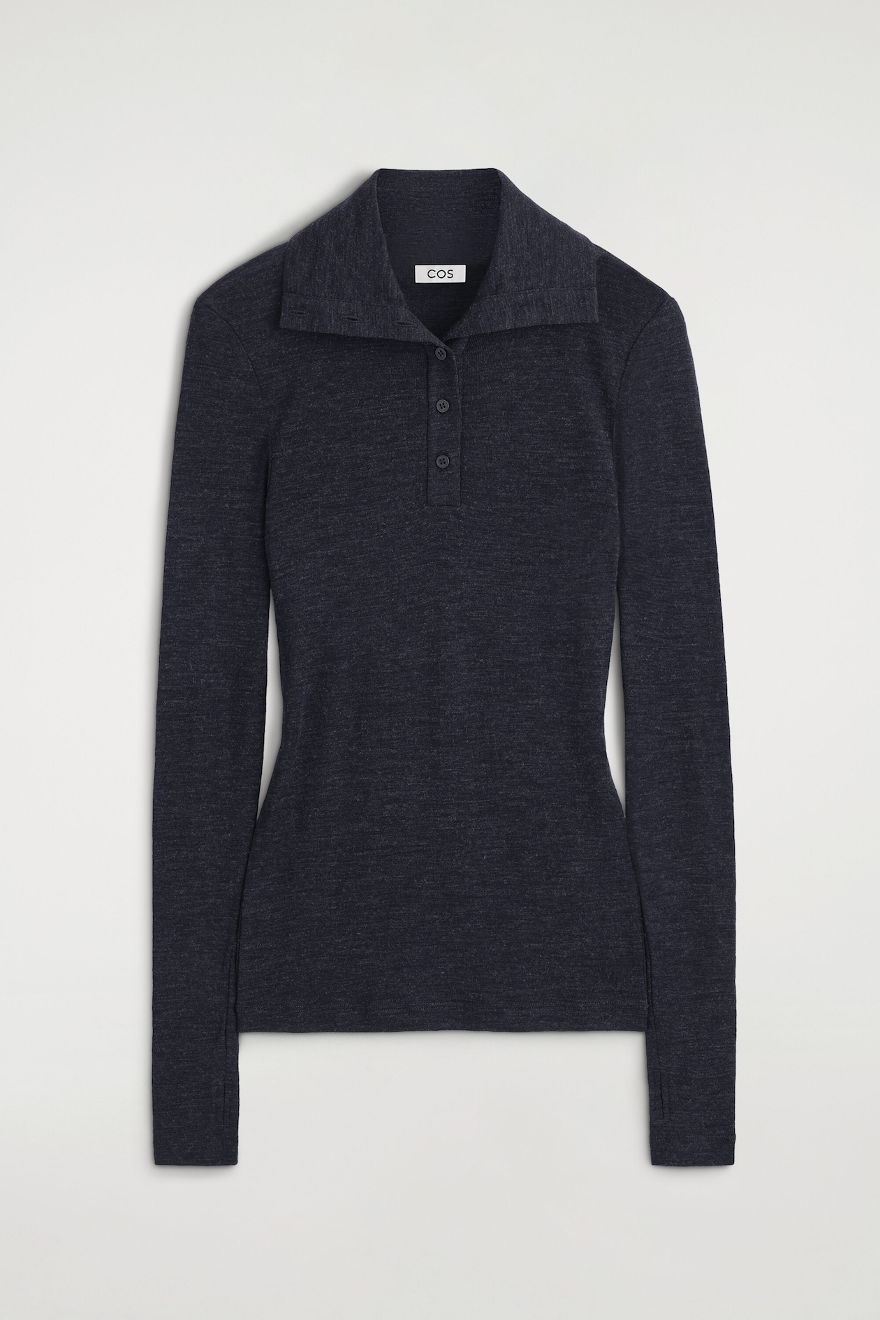 MERINO WOOL BUTTONED MOCK-NECK TOP — CHARCOAL MÉLANGE