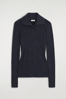 MERINO WOOL BUTTONED MOCK-NECK TOP — CHARCOAL MÉLANGE 8