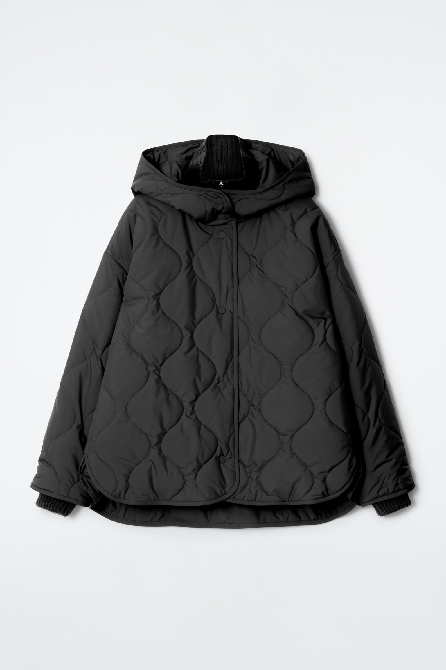 QUILTED HOODED FUNNEL-NECK JACKET - BLACK - 2