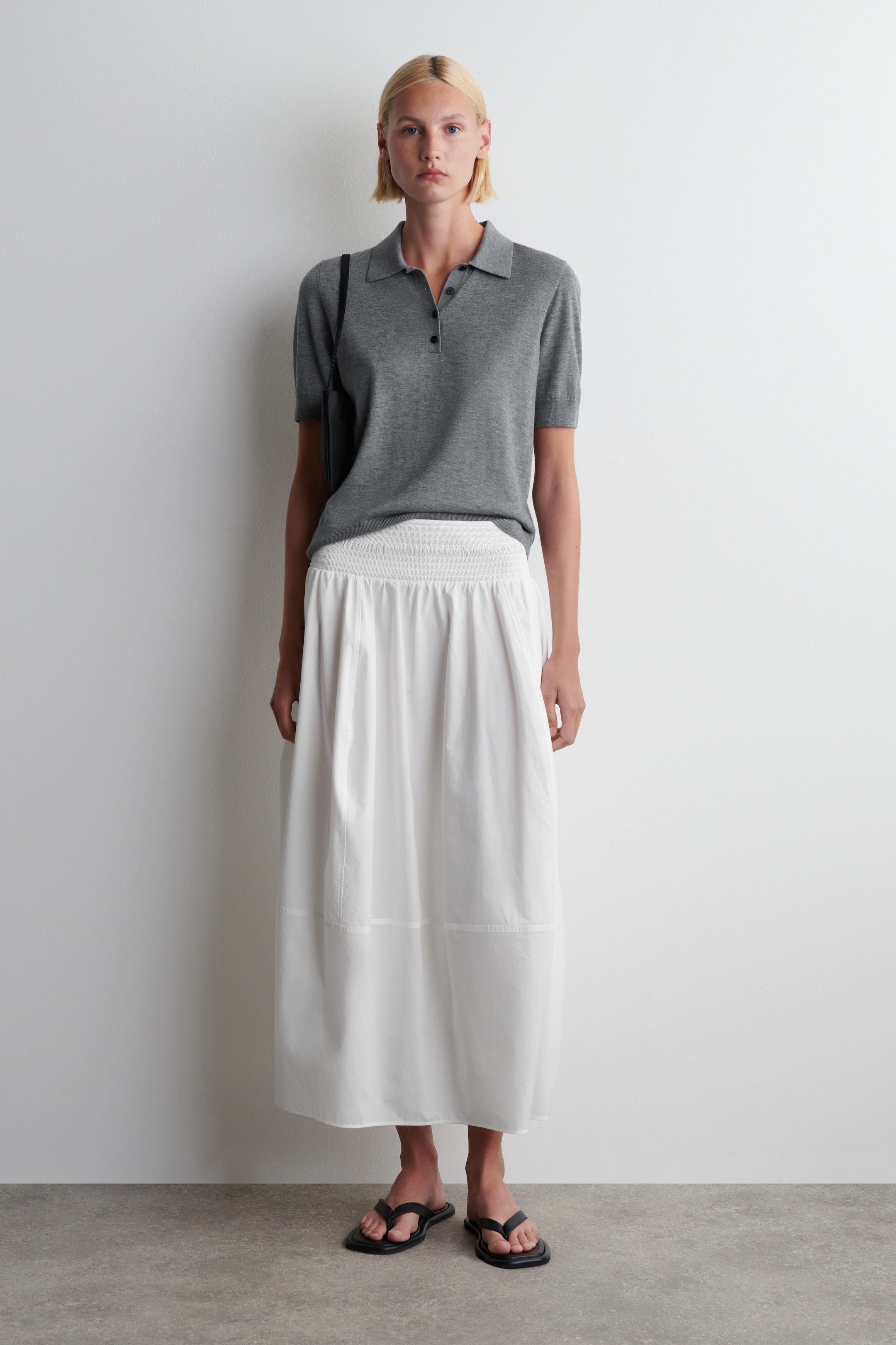 SMOCKED PANELLED MIDI SKIRT