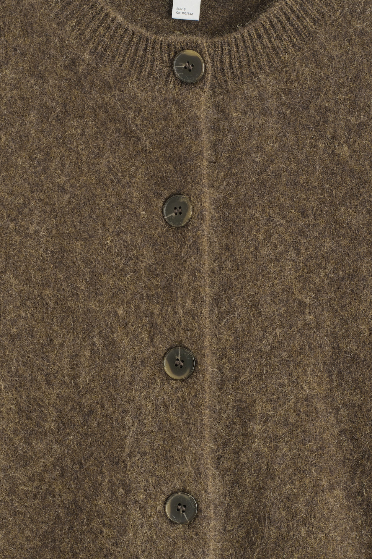 BRUSHED PURE CASHMERE CREW-NECK CARDIGAN — KHAKI