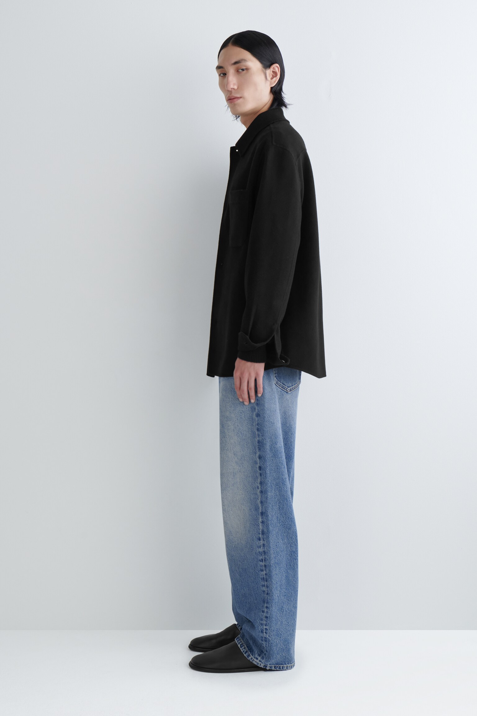 SPLIT WOOL OVERSHIRT - BLACK/COBALT BLUE - 3