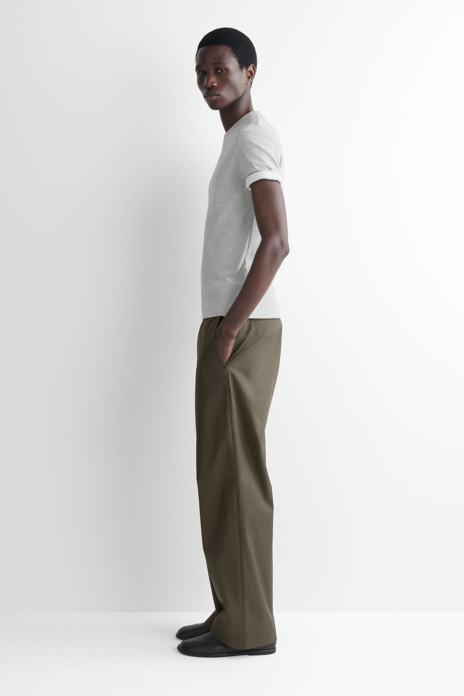 Smal ribbet bomulls-T-skjorte-Lys grå - 4