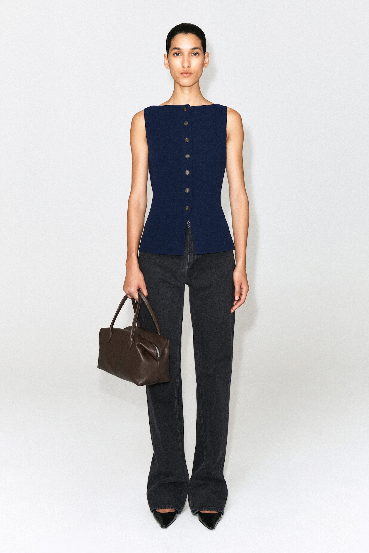 COTTON-BLEND CREPE VEST — NAVY