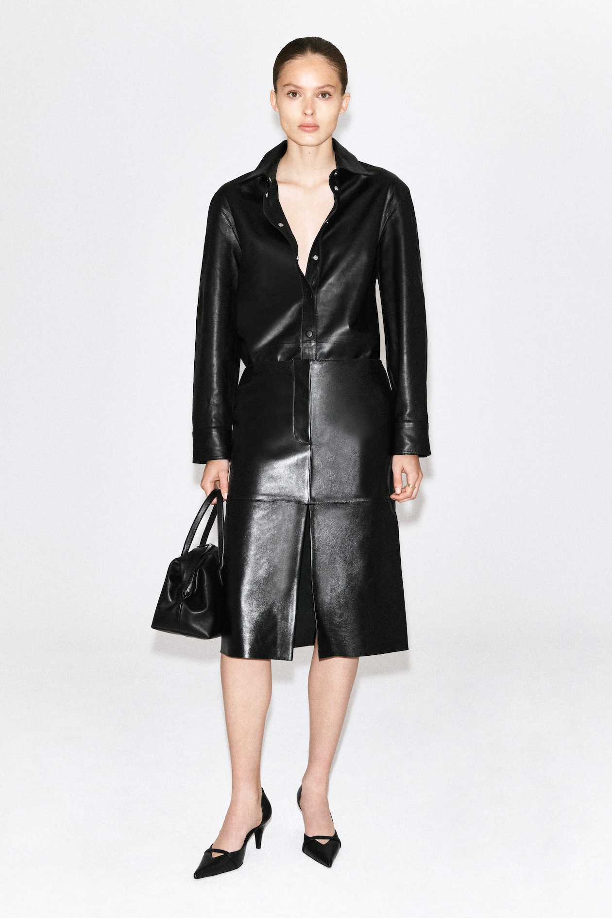 LEATHER MIDI SKIRT — BLACK
