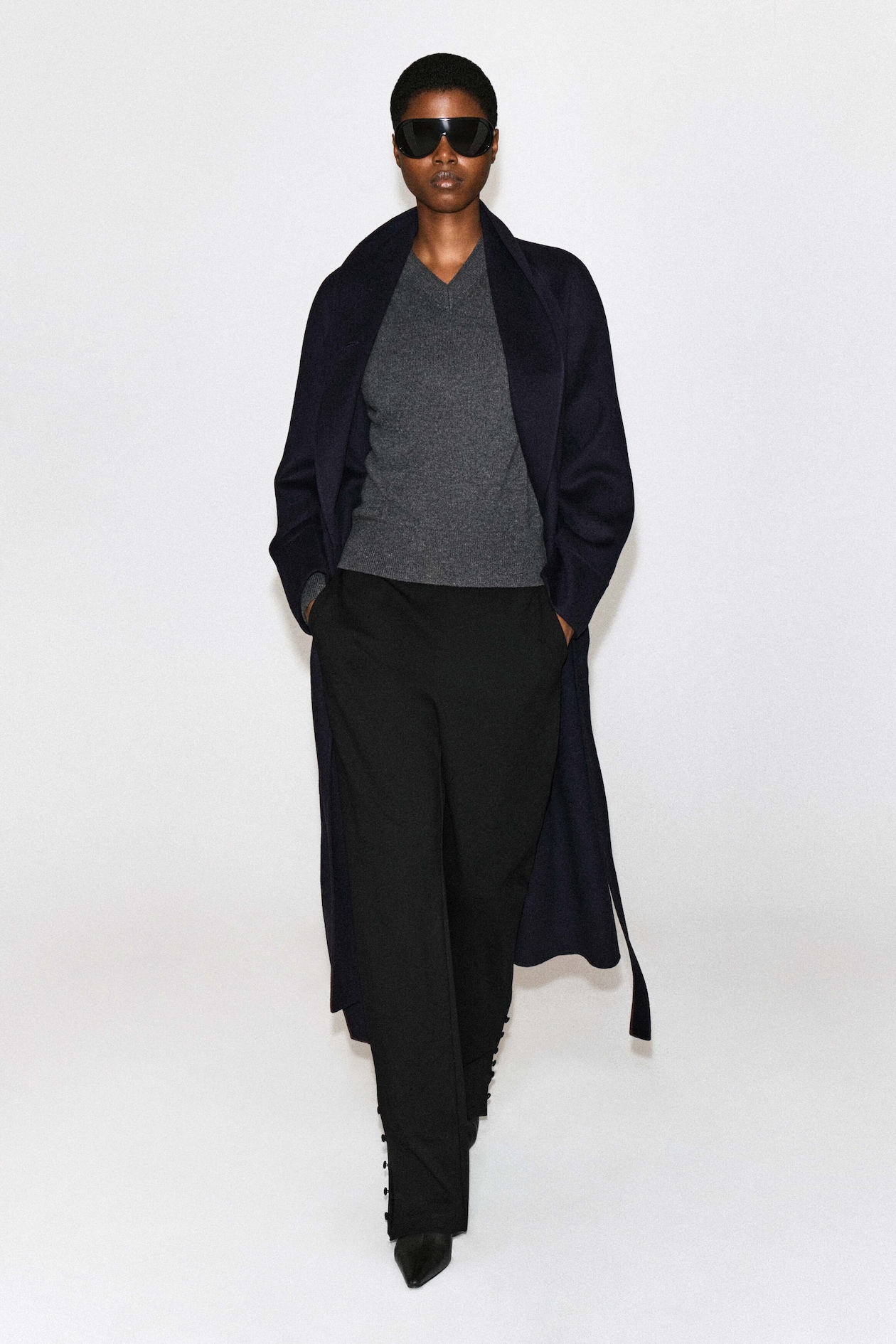 SHAWL-COLLAR DOUBLE-FACED WOOL LONG COAT — NAVY