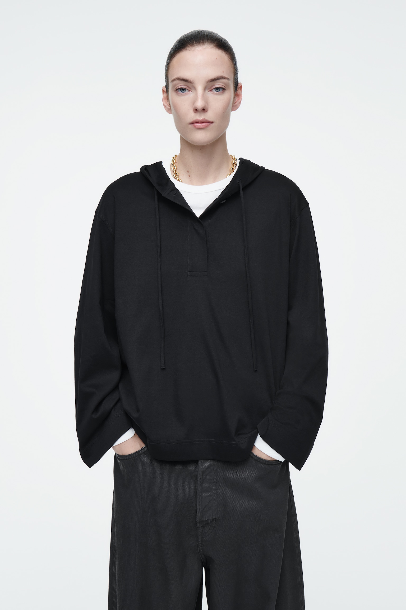 BUTTONED LIGHTWEIGHT JERSEY HOODIE - BLACK/BLUE