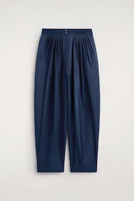 DRAPED PLEATED SILK STRAIGHT-LEG PANTS — NAVY 7