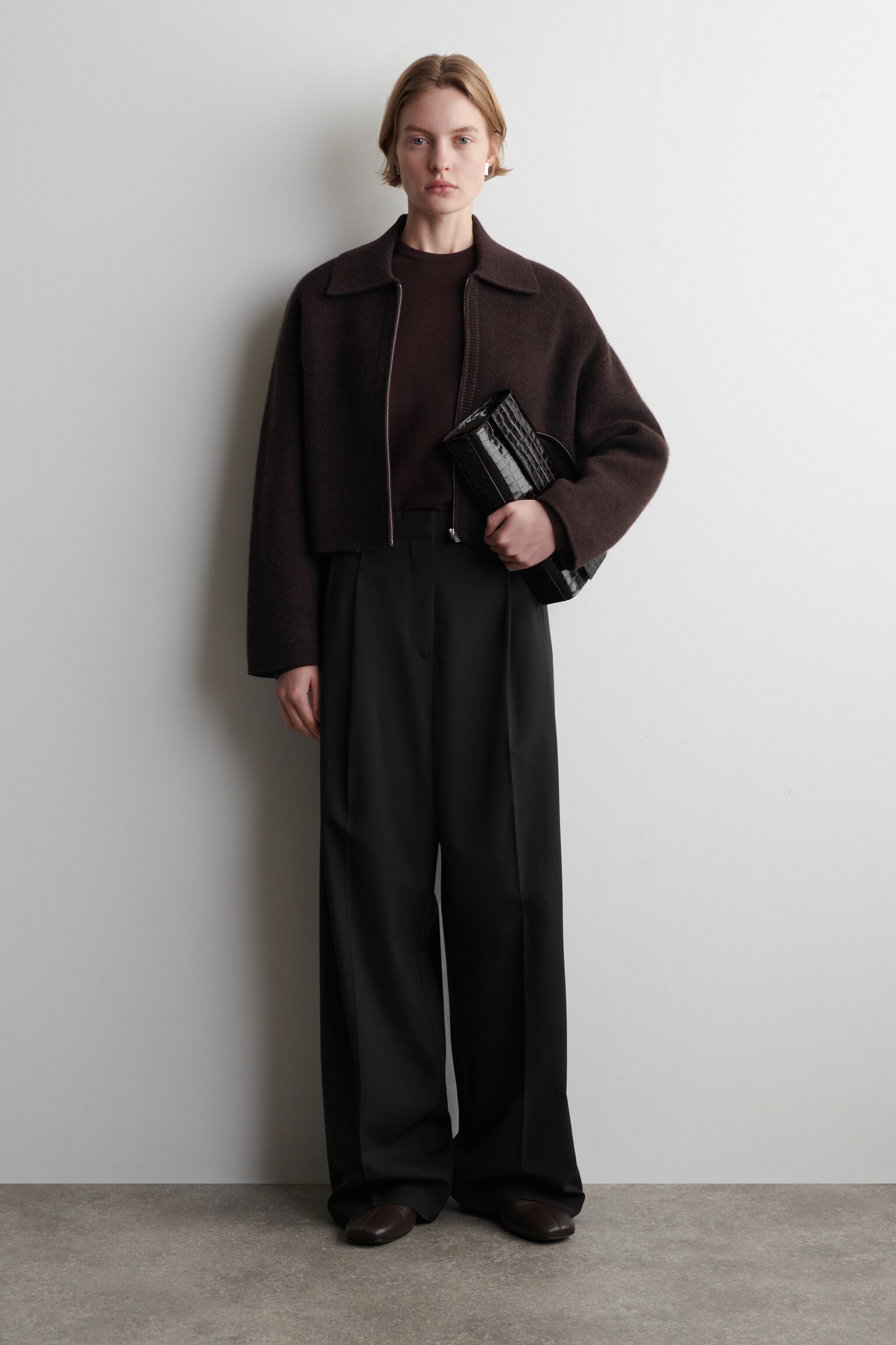 CROPPED KNITTED MERINO WOOL JACKET - DARK-BROWN MÉLANGE - 6