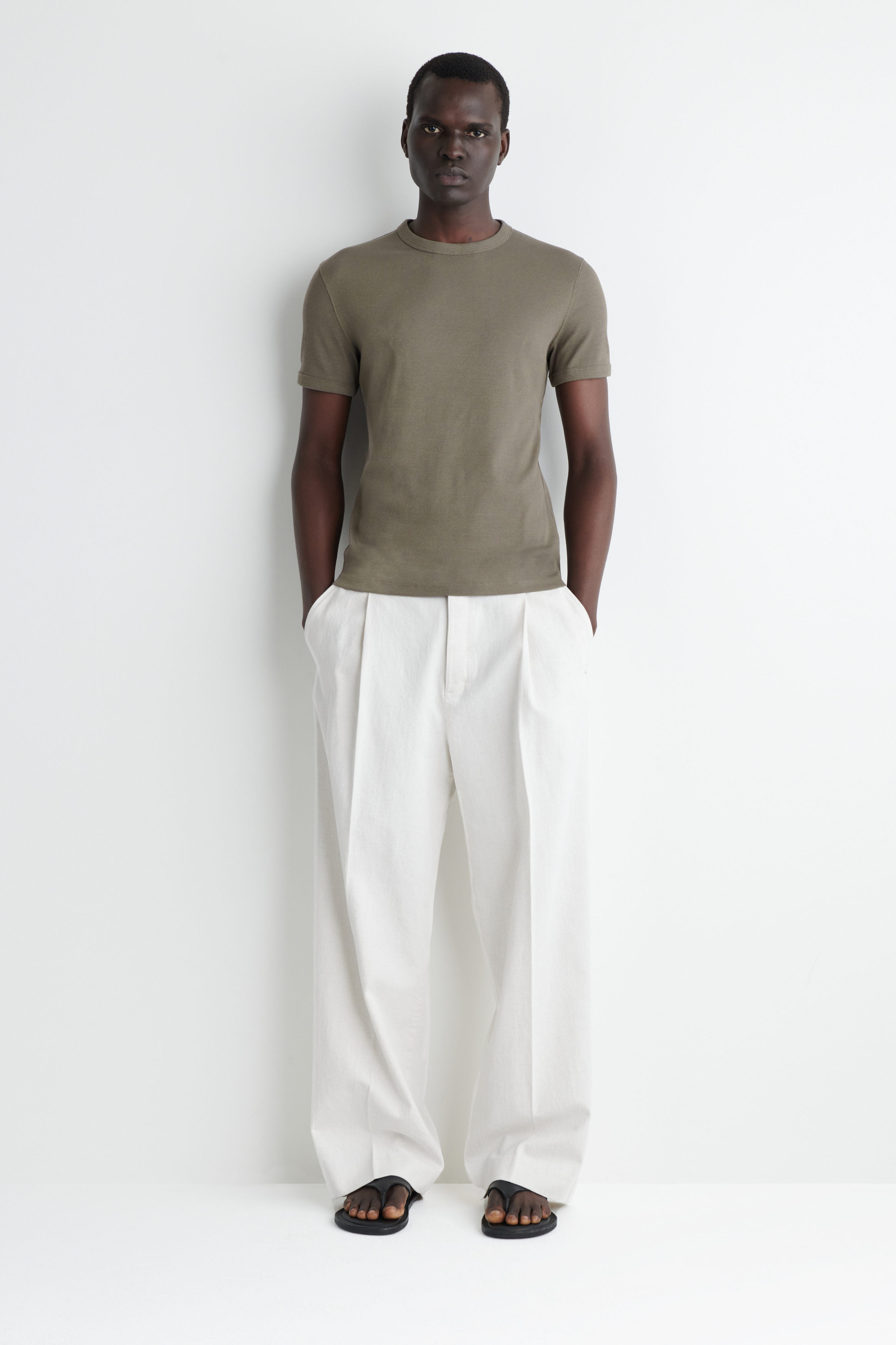 SLIM RIBBED COTTON T-SHIRT - KHAKI | COS