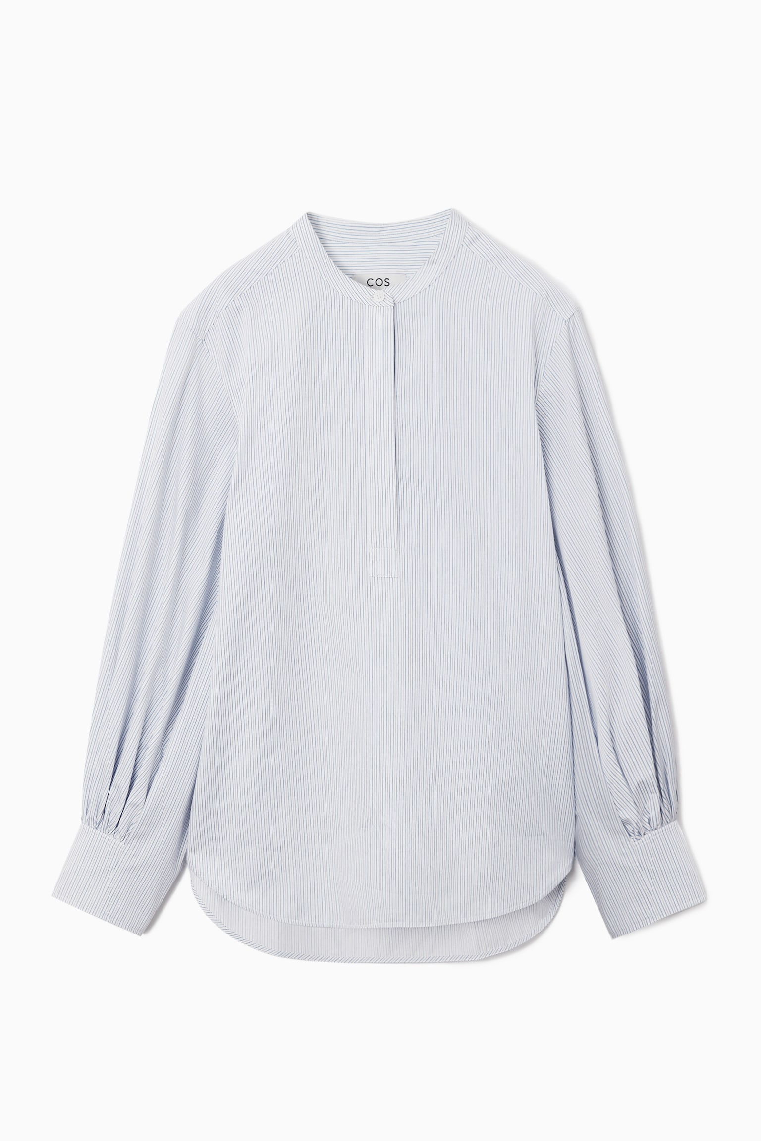GATHERED GRANDAD-COLLAR BLOUSE - WHITE / BLUE / STRIPED/WHITE