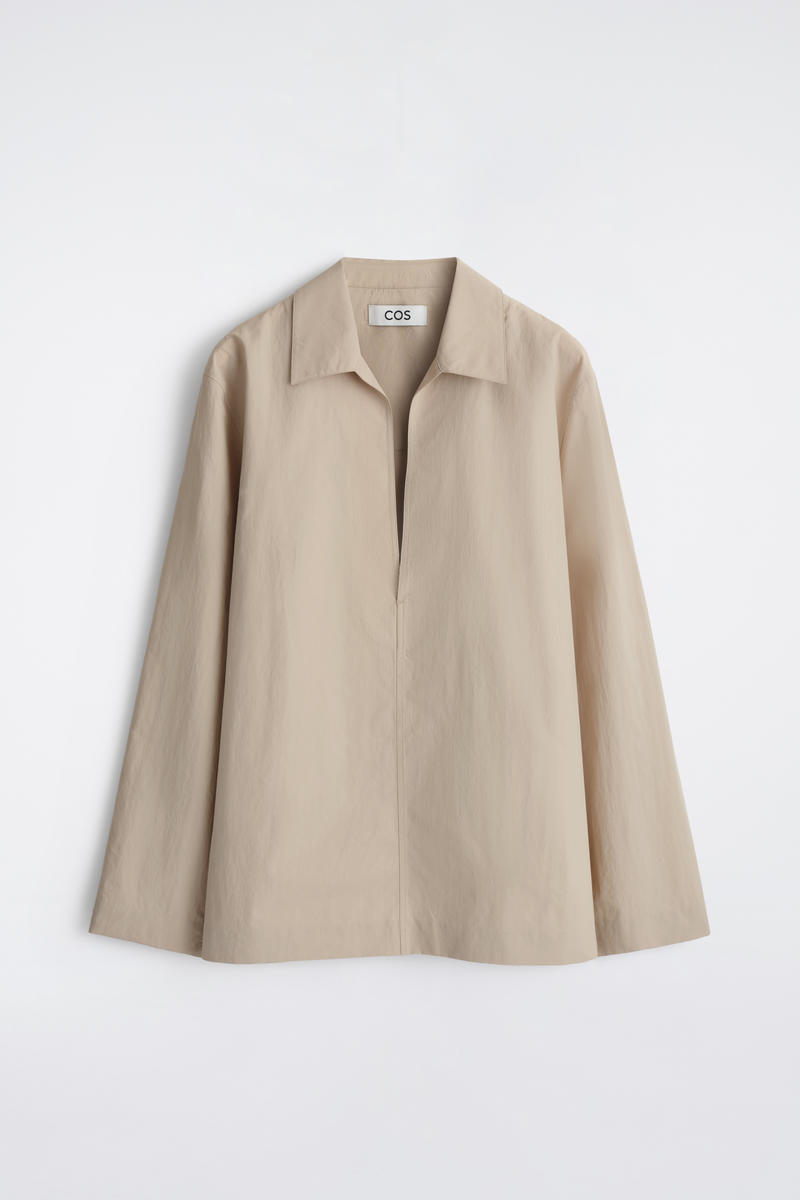 Tailored Open-Collar Nylon Shirt in Beige