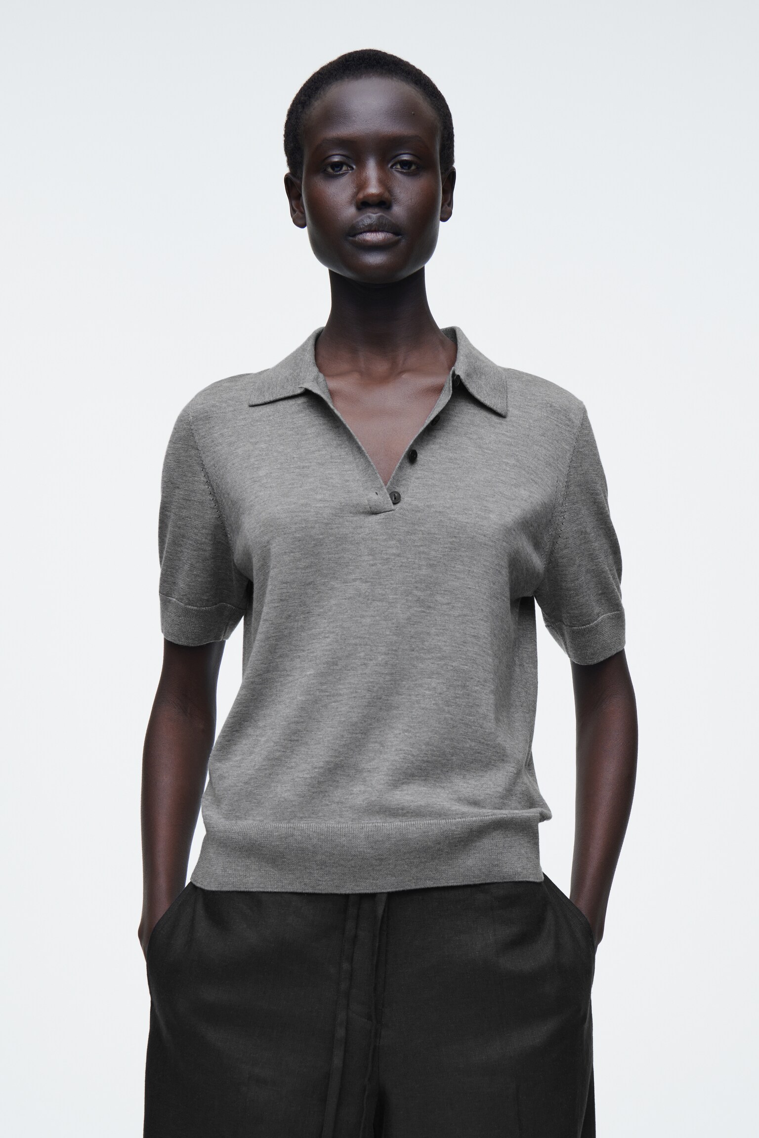 MERINO WOOL-BLEND POLO SHIRT - GREY MÉLANGE/GREEN