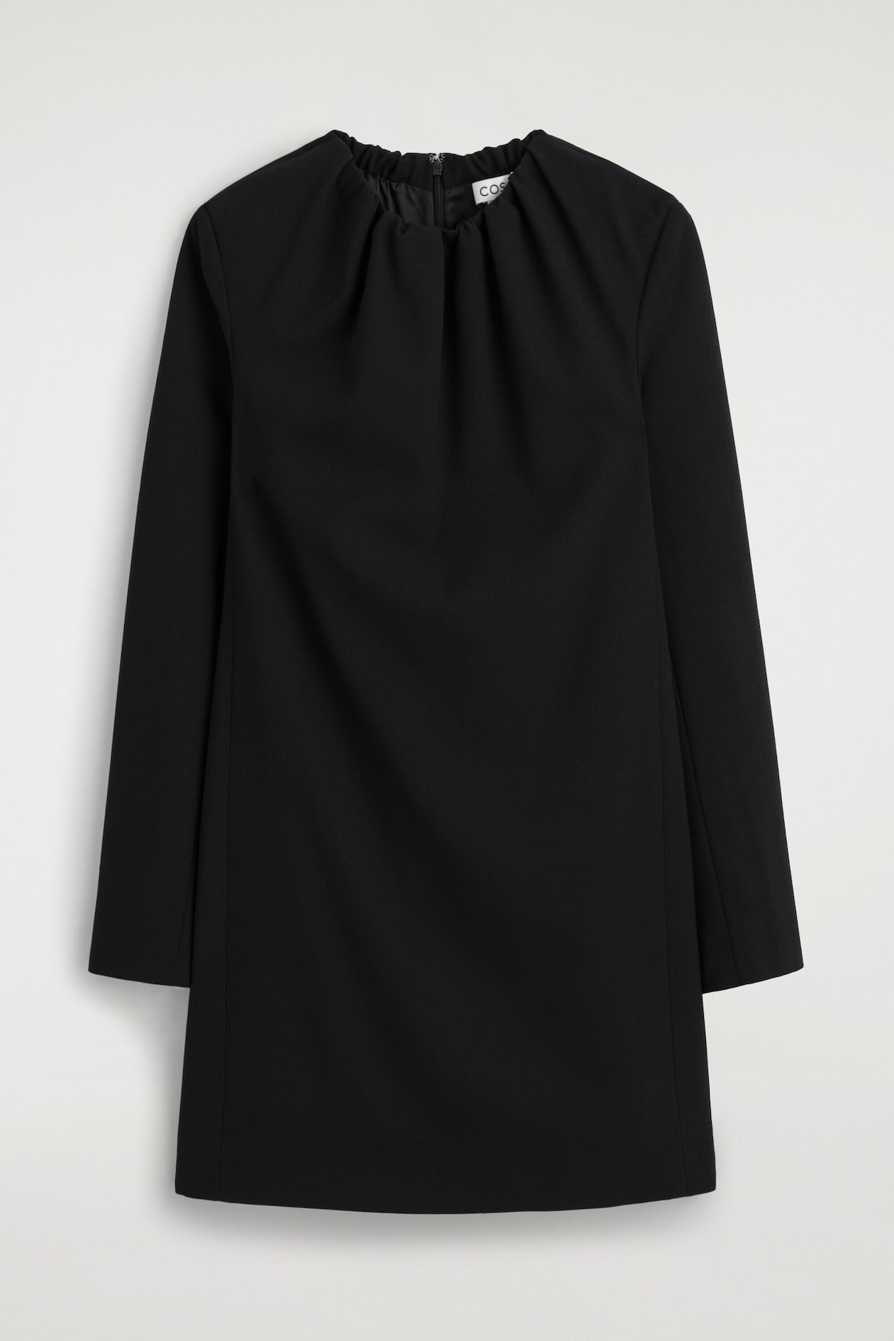 PLEATED TAILORED TWILL MINI DRESS — BLACK
