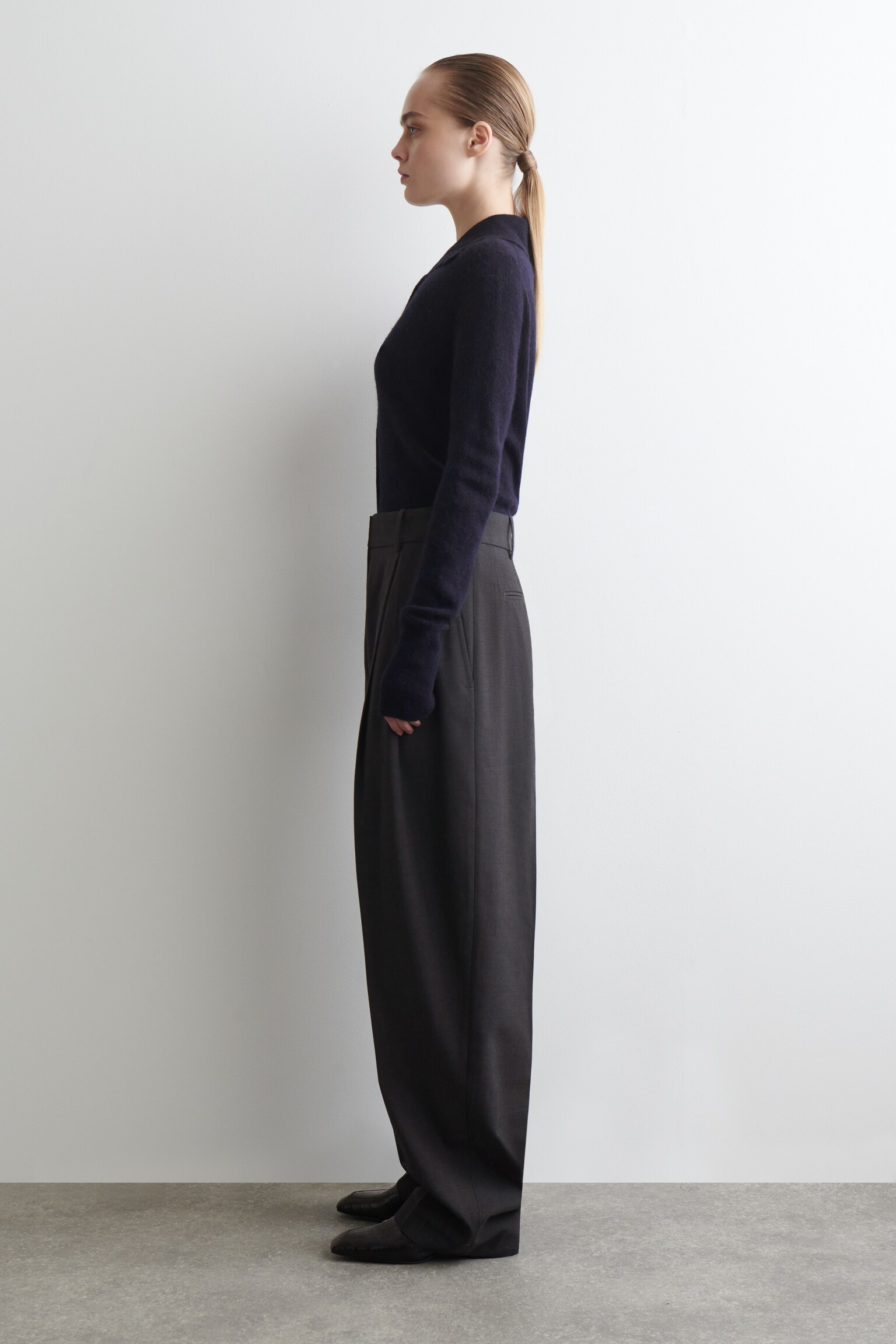 ALPACA MERINO WOOL HIGH-NECK CARDIGAN - NAVY MÉLANGE/BROWN MÉLANGE - 5