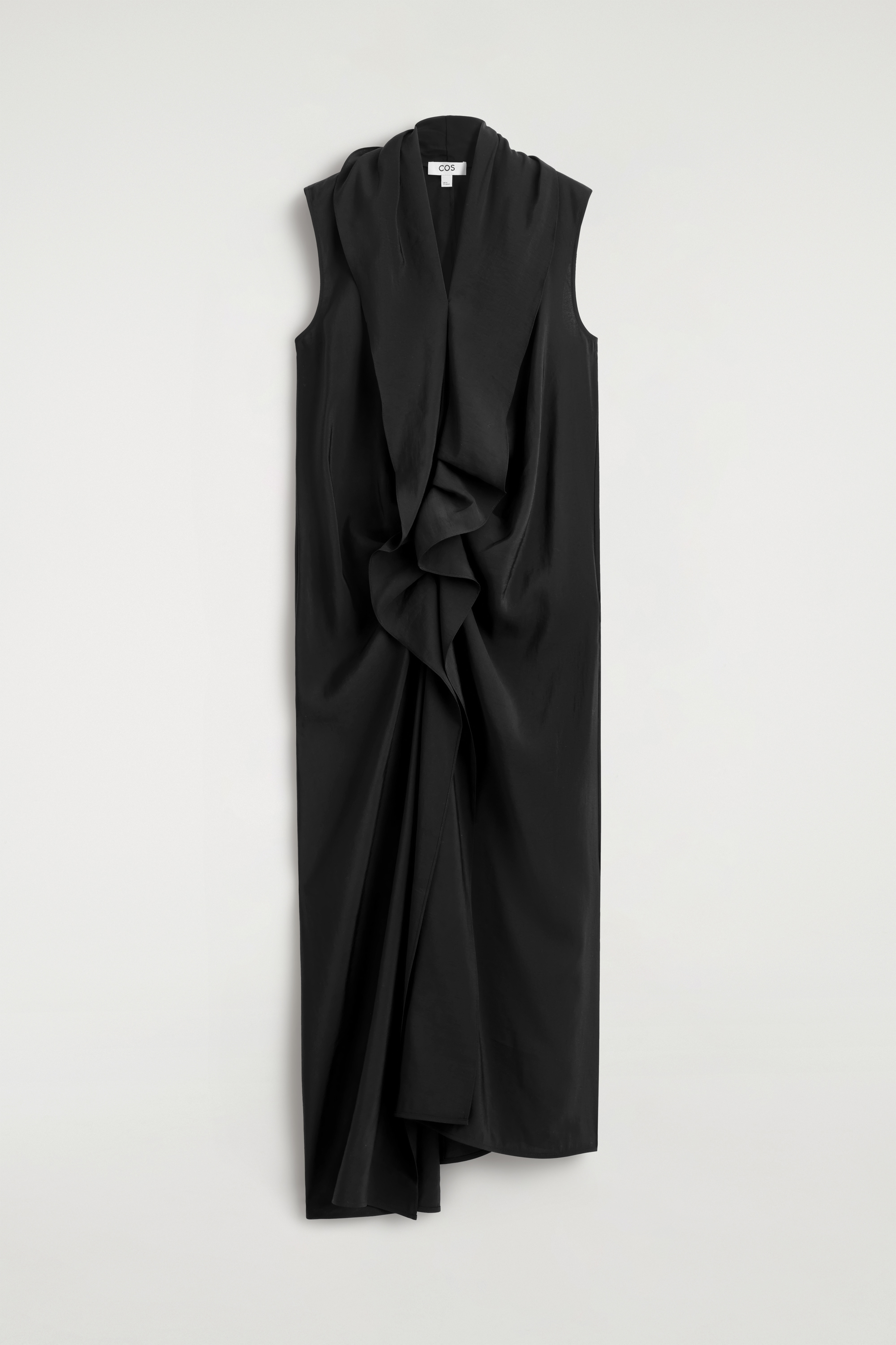 RUFFLED DRAPED MIDI DRESS - BLACK