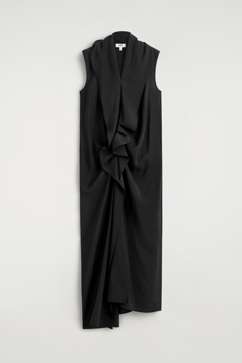 Cos Ruffled Draped Midi Dress In Black