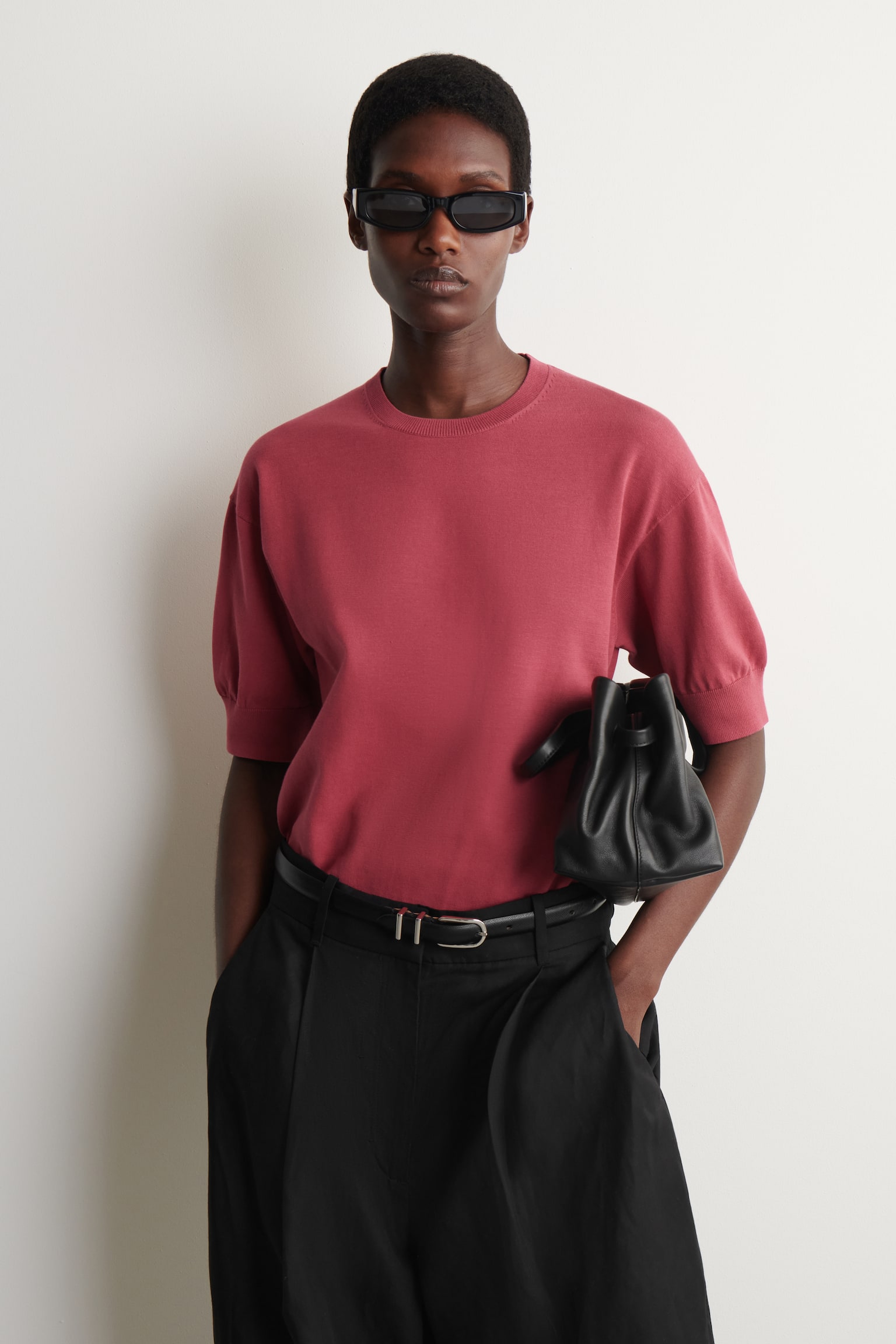 Gebreid katoenen T-shirt - Donkerroze/OFFWHITE/DONKERBRUIN - 1