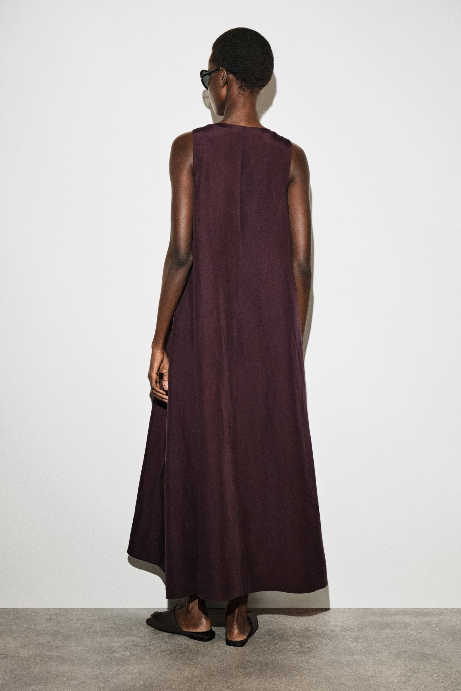 Vestido longo evasê em mistura de linho - Vermelho escuro - 5